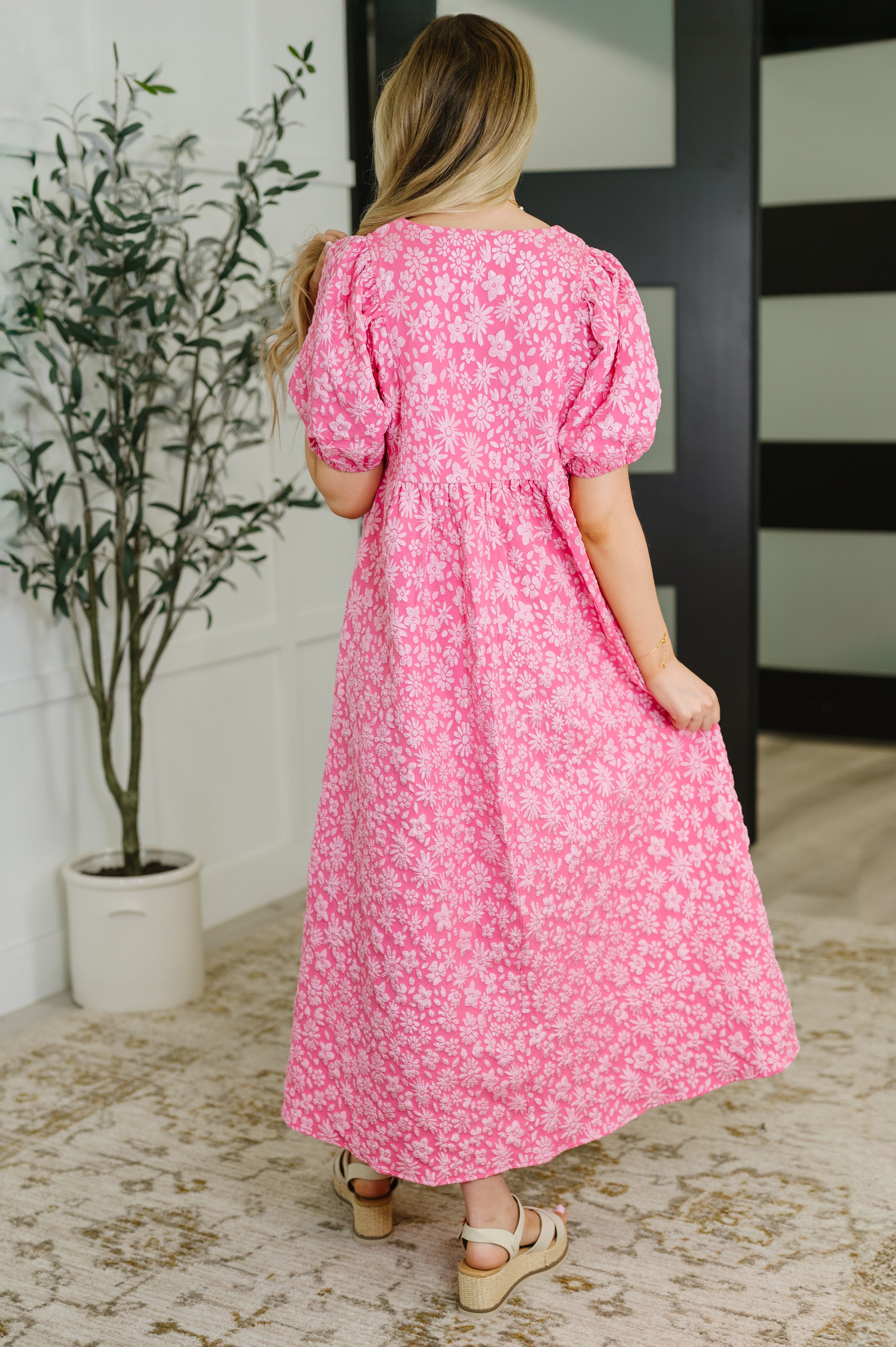 Softly Spoken Textured V-Neck Dress in Hot Pink - Charming Charlie