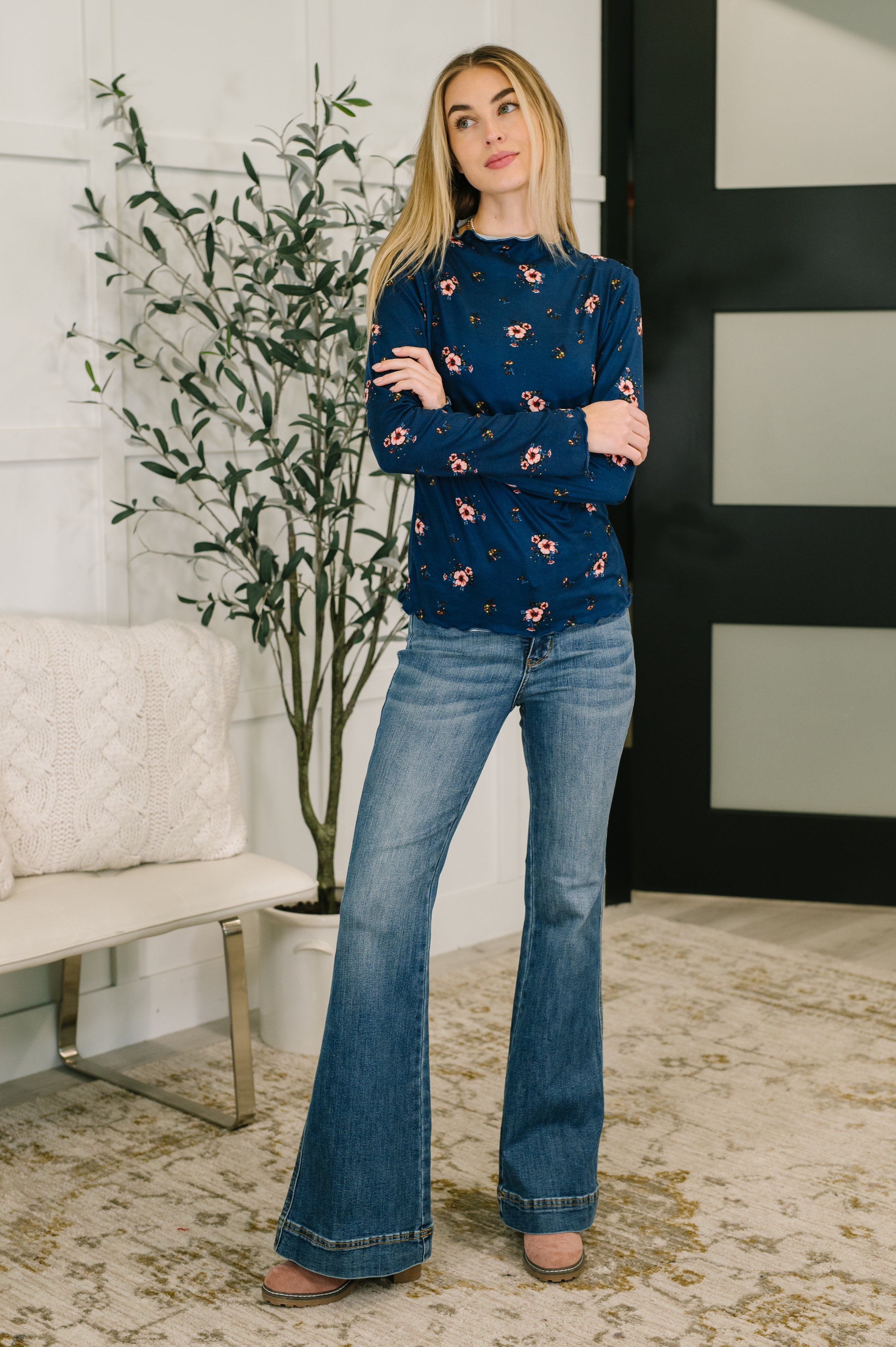 Something in the Air Lettuce Hem Longsleeve Top in Navy - Charming Charlie