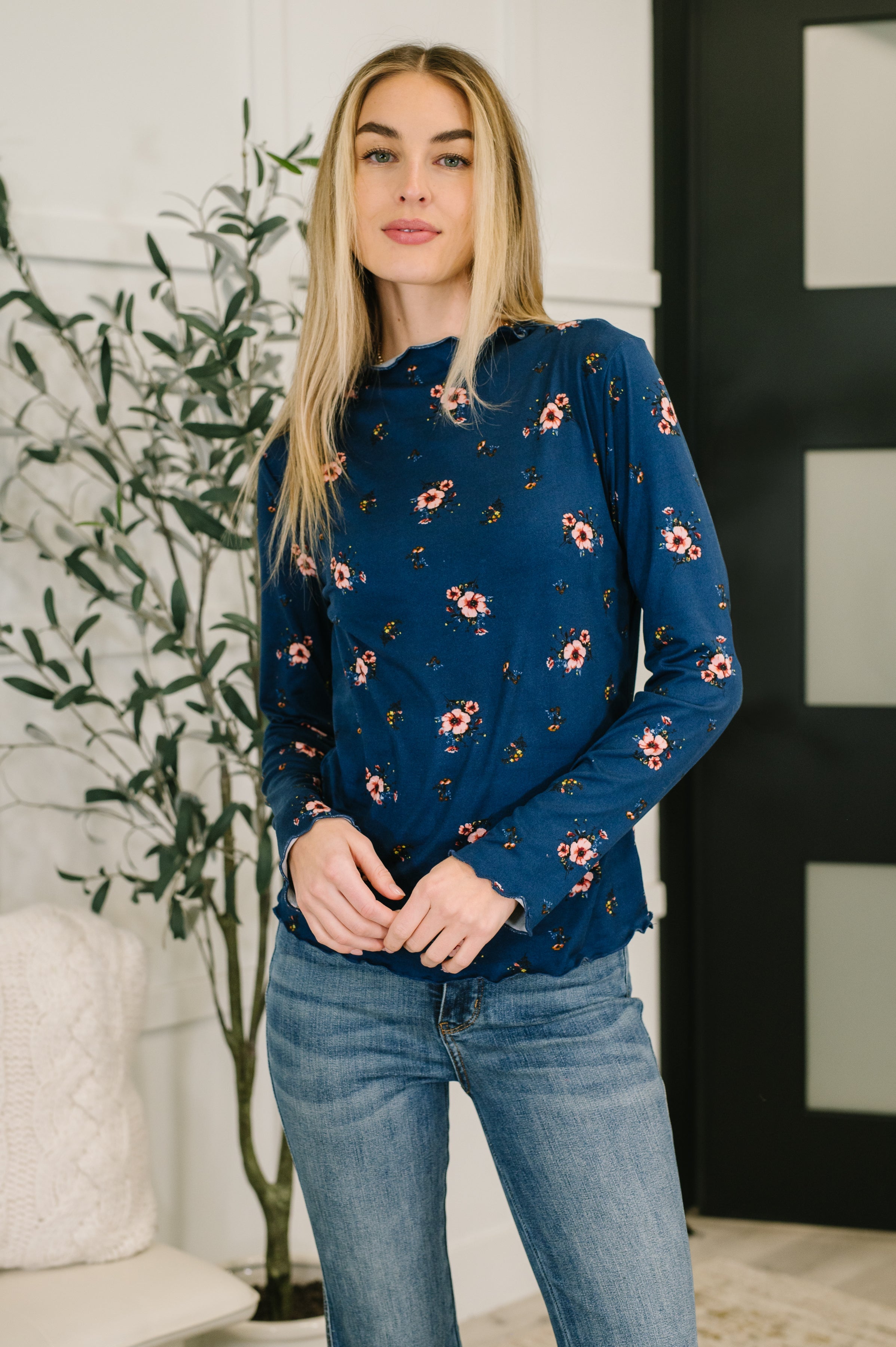 Something in the Air Lettuce Hem Longsleeve Top in Navy - Charming Charlie
