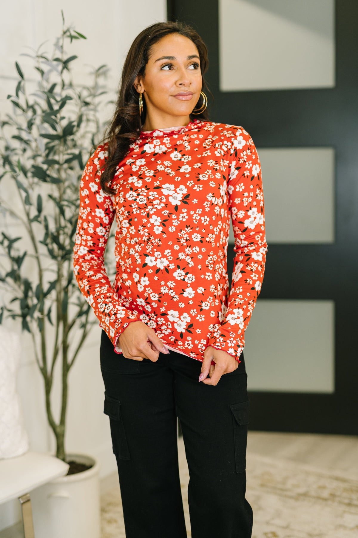 Somethings in the Air Lettuce Hem Longsleeve Top in Vermillion - Charming Charlie