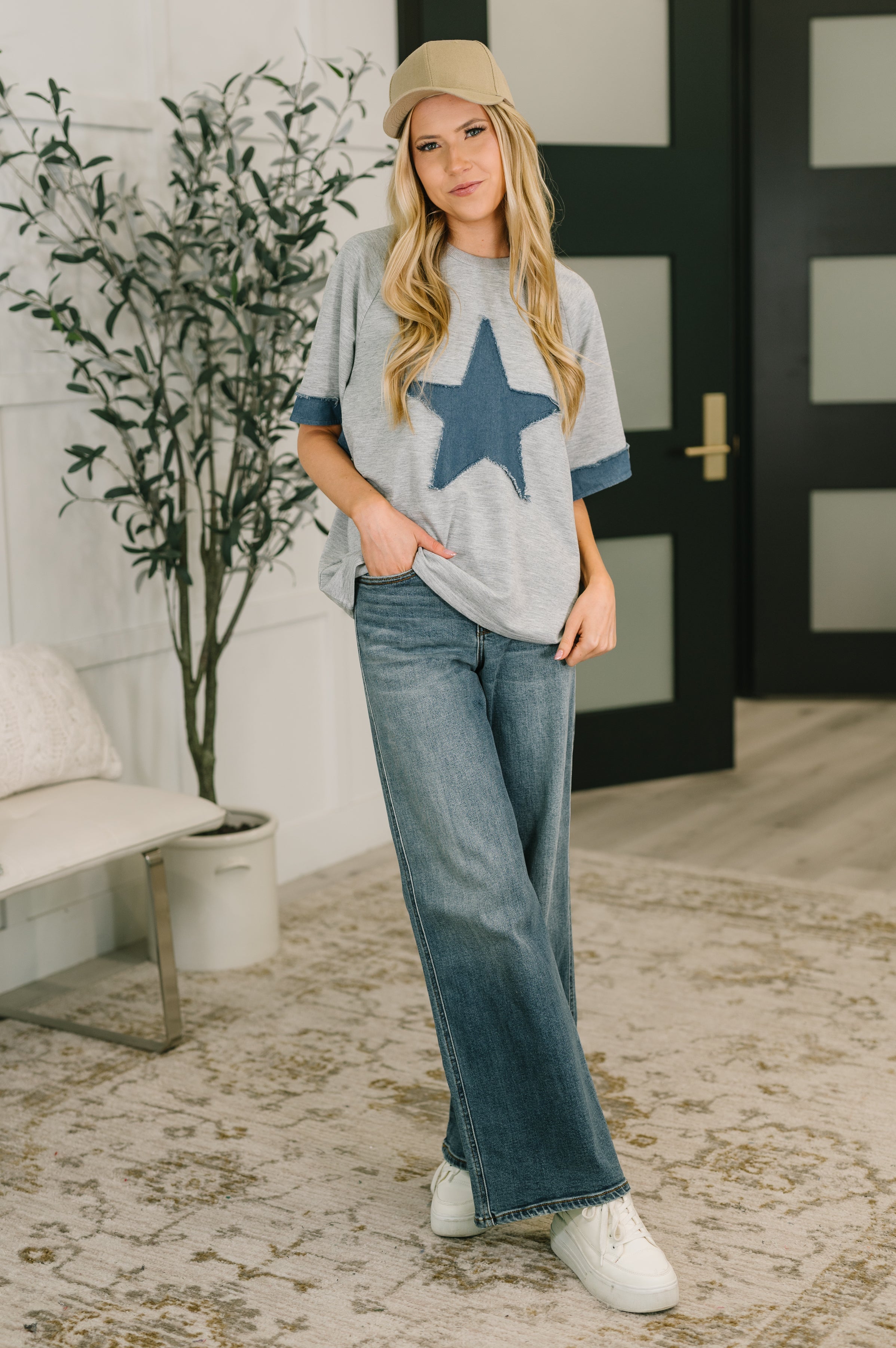 Star Stud Distressed Applique Top - Charming Charlie
