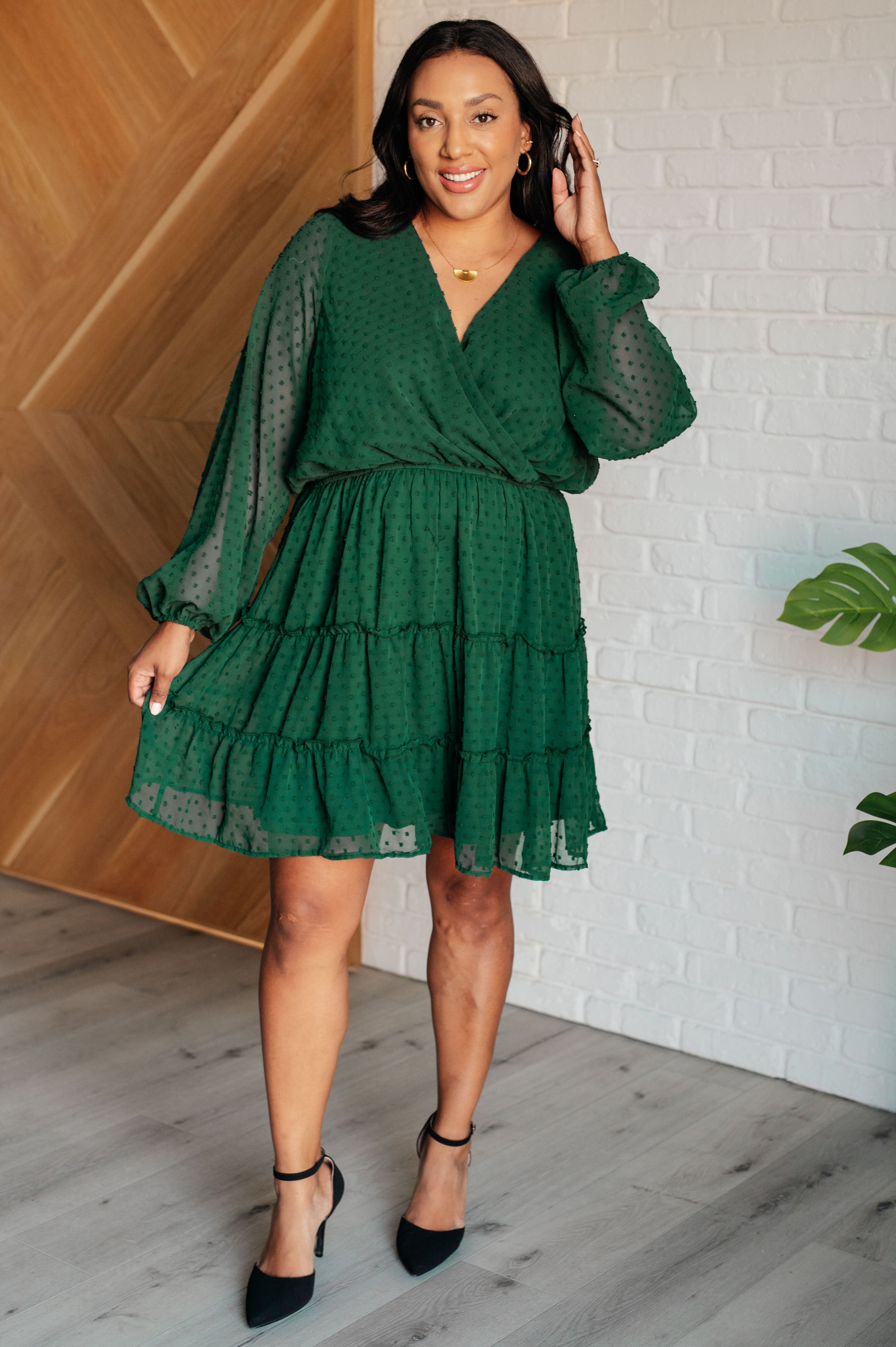 Starlit Glow V-Neck Tiered Dress in Hunter Green - Charming Charlie