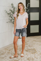 Stitched with Love V-Neck Top in Ivory and Red - Charming Charlie