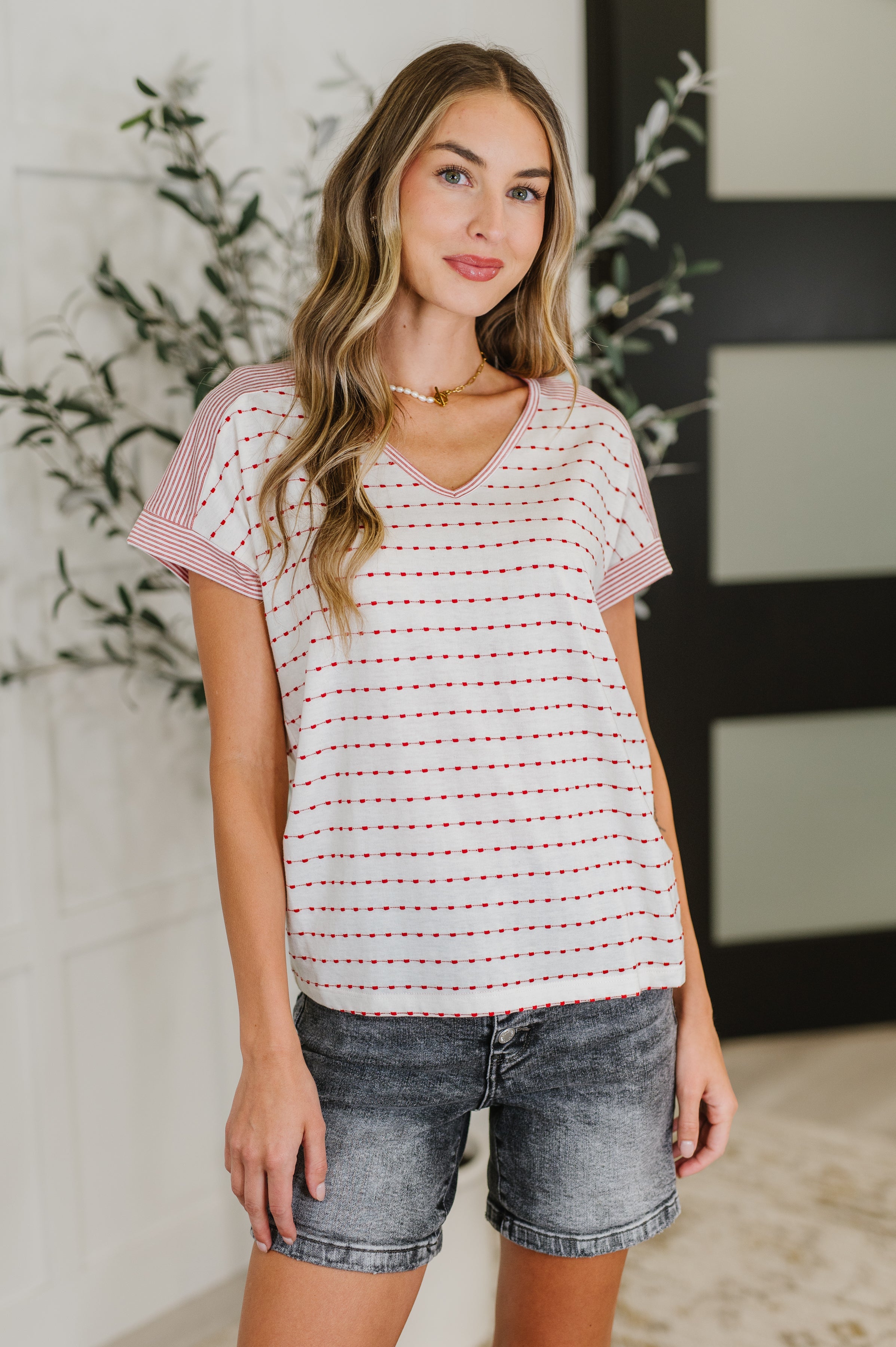 Stitched with Love V-Neck Top in Ivory and Red - Charming Charlie