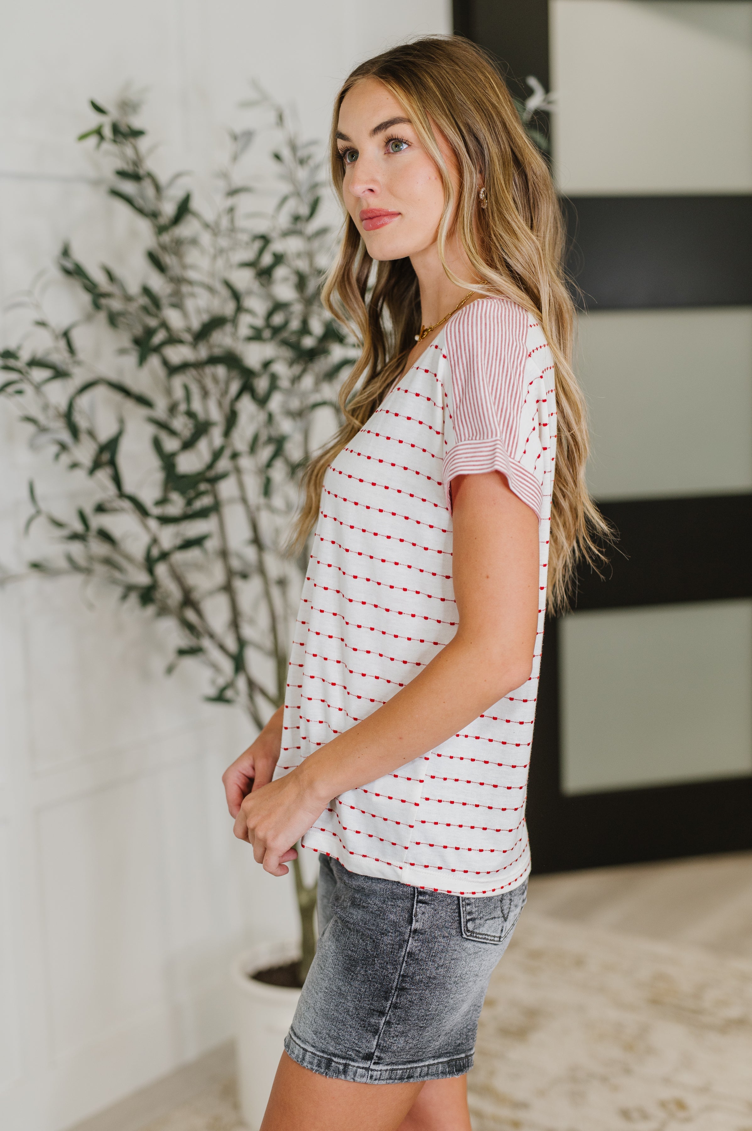 Stitched with Love V-Neck Top in Ivory and Red - Charming Charlie