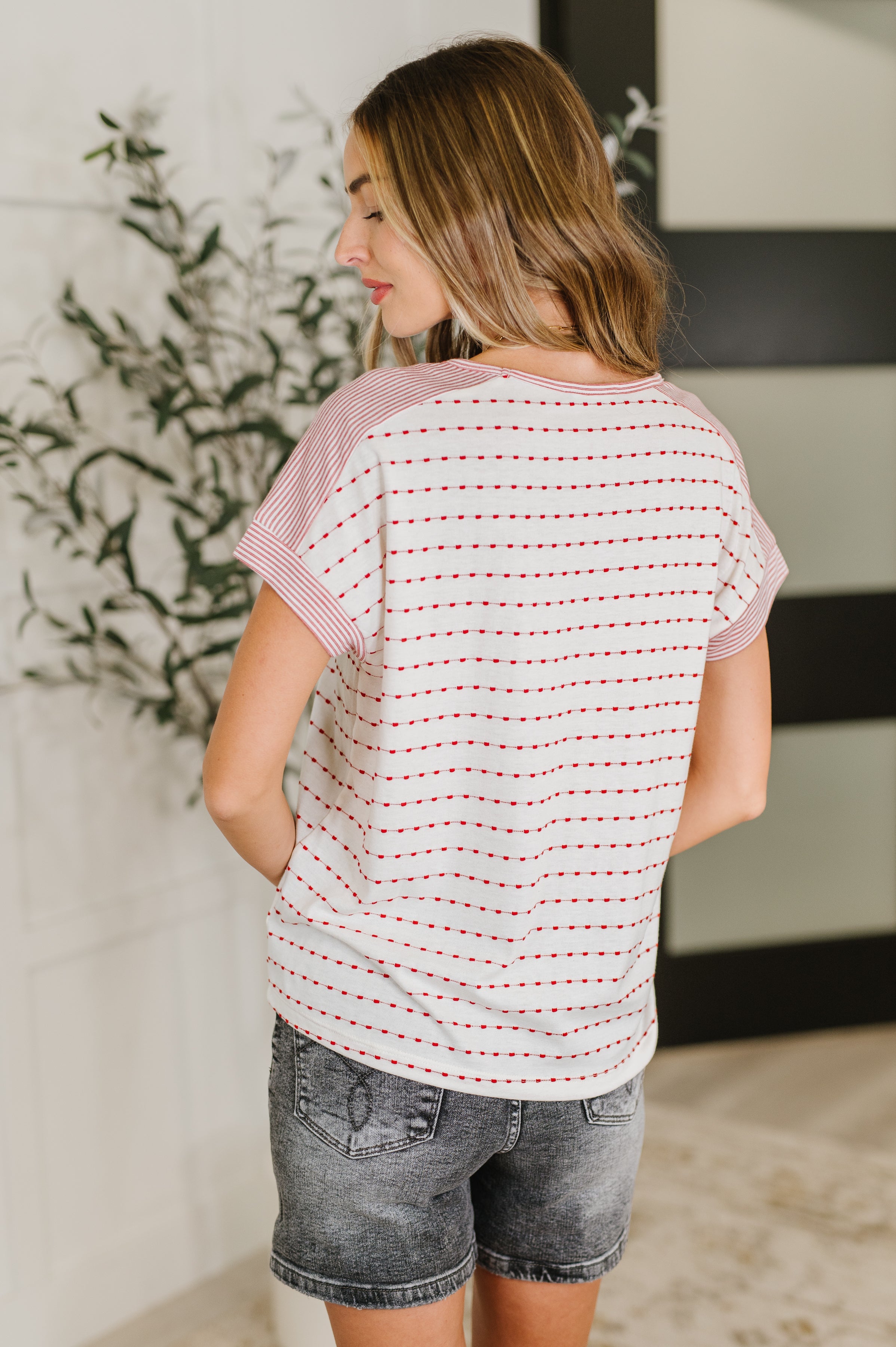 Stitched with Love V-Neck Top in Ivory and Red - Charming Charlie