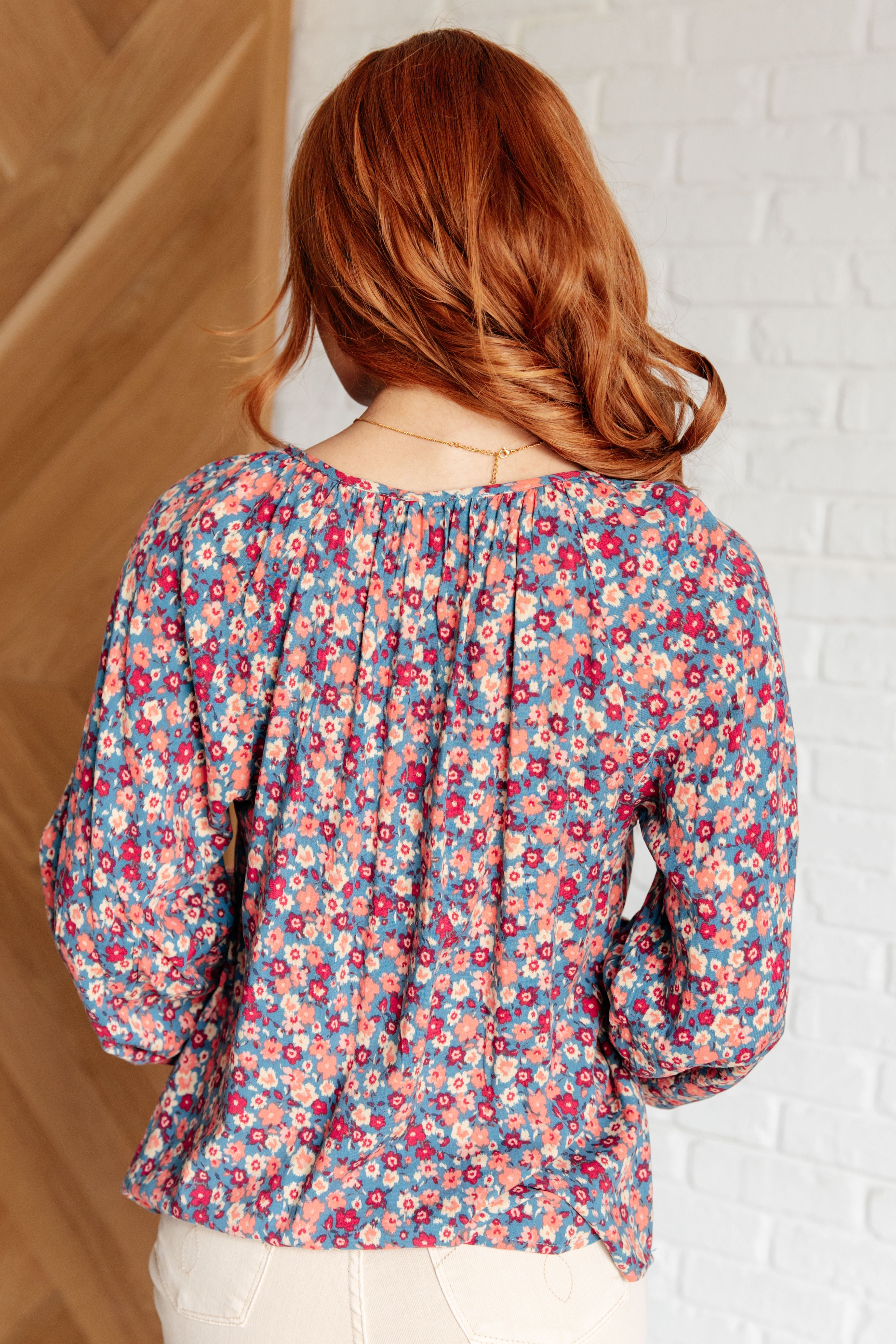 Sunday Brunch Blouse in Denim Floral - Charming Charlie