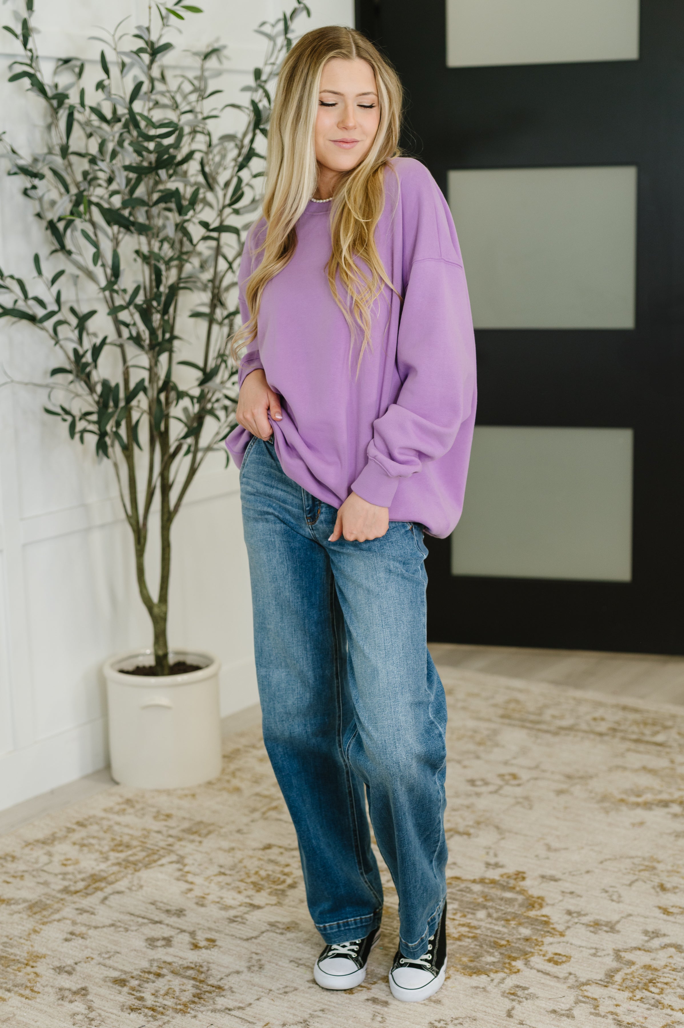 Sunday Snug Relaxed Pullover in Lavender - Charming Charlie