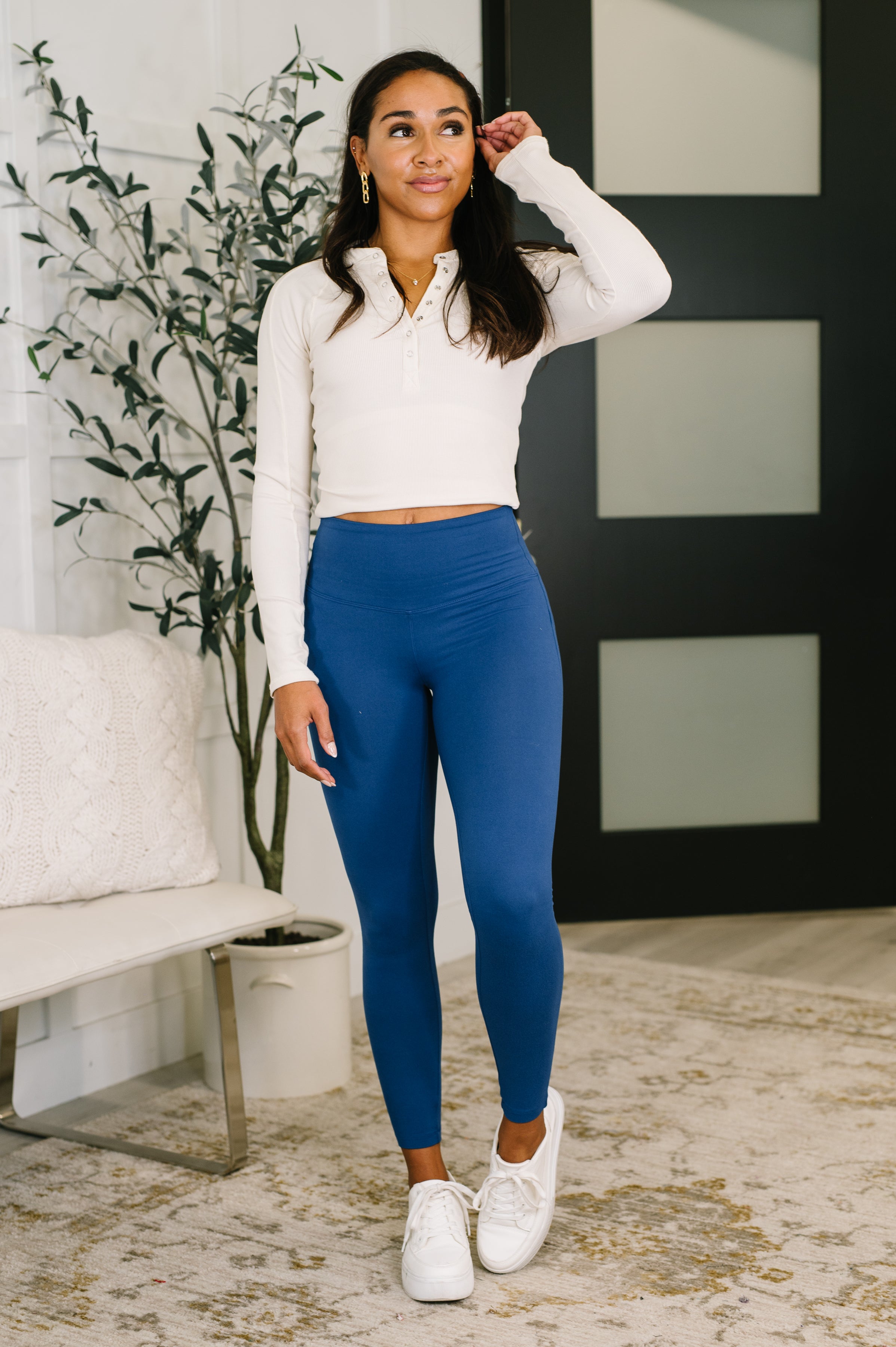 Sunday Splits High Waisted Leggings in Light Navy - Charming Charlie
