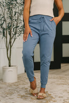 Sweat It High Waisted Joggers in Dusty Blue - Charming Charlie