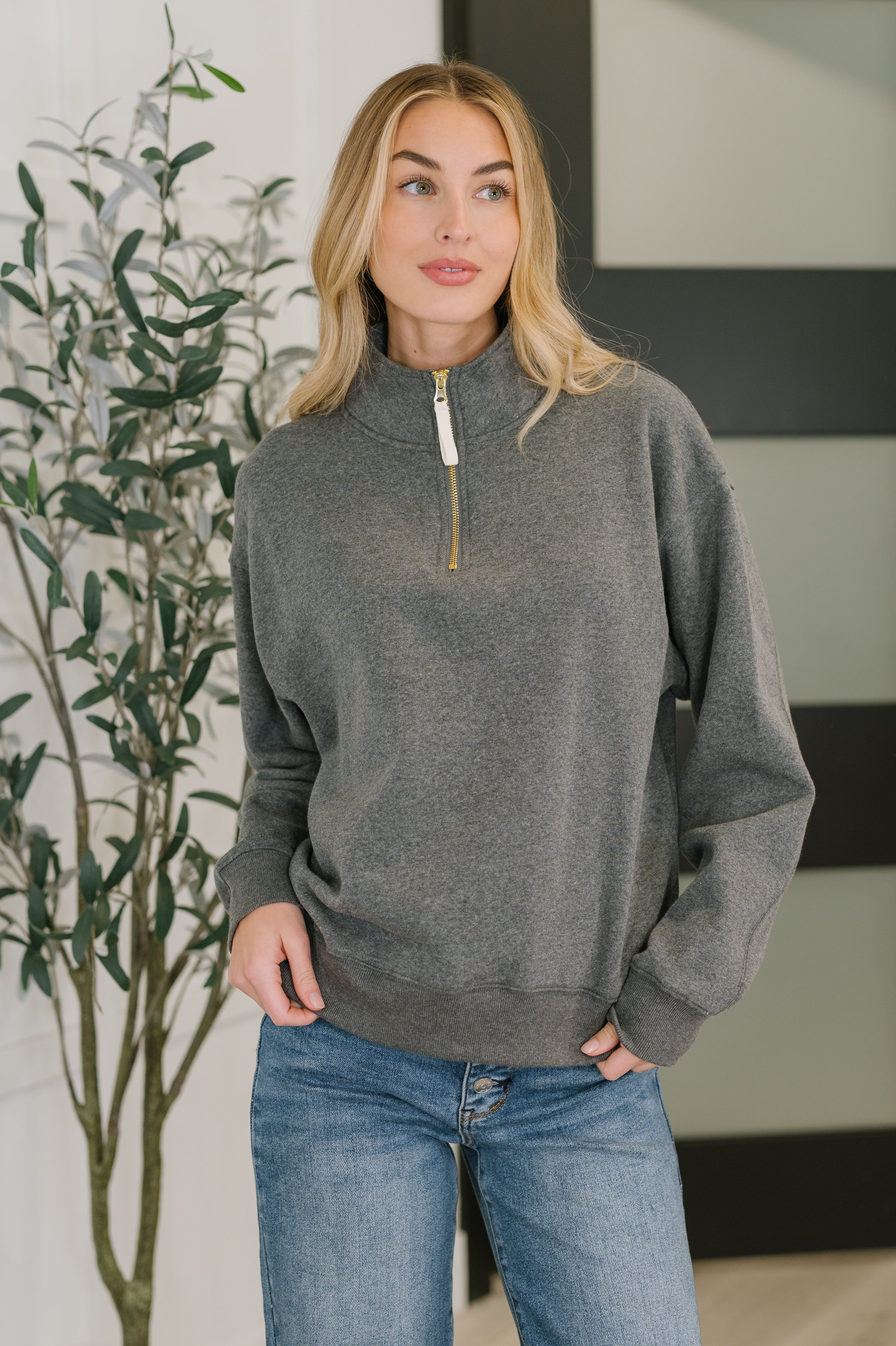 Sweater Weather Half Zip High Neck Pullover in Charcoal - Charming Charlie