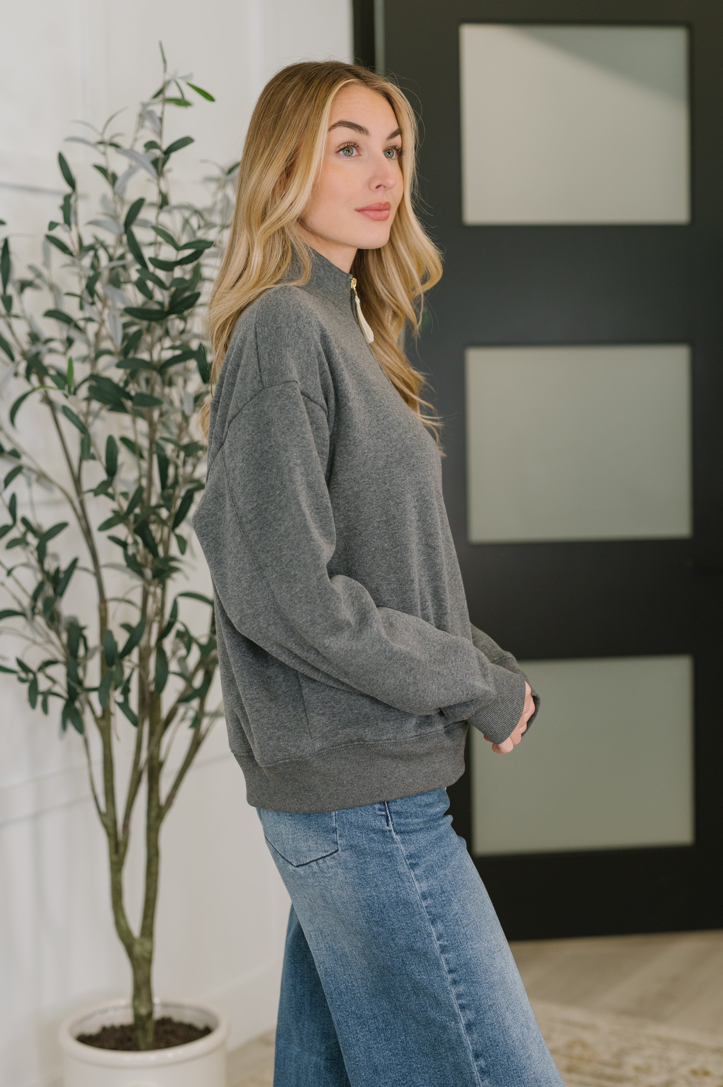 Sweater Weather Half Zip High Neck Pullover in Charcoal - Charming Charlie