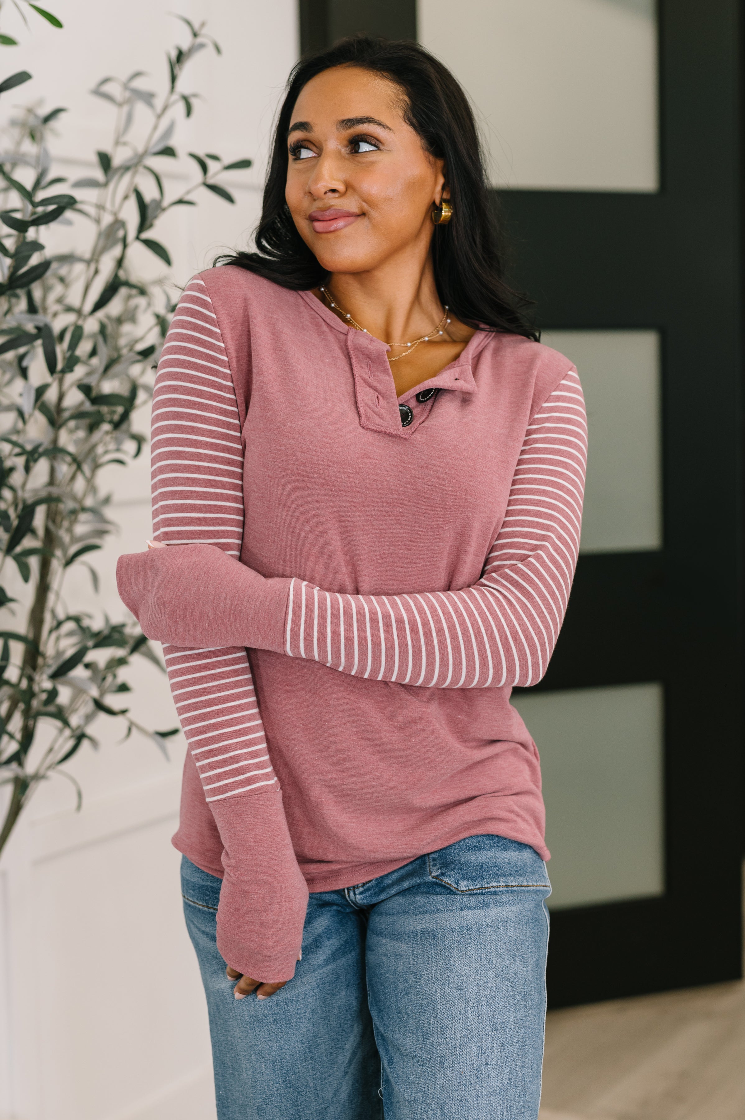 Talk to Me Long Sleeve Henley in Vintage Marsala - Charming Charlie