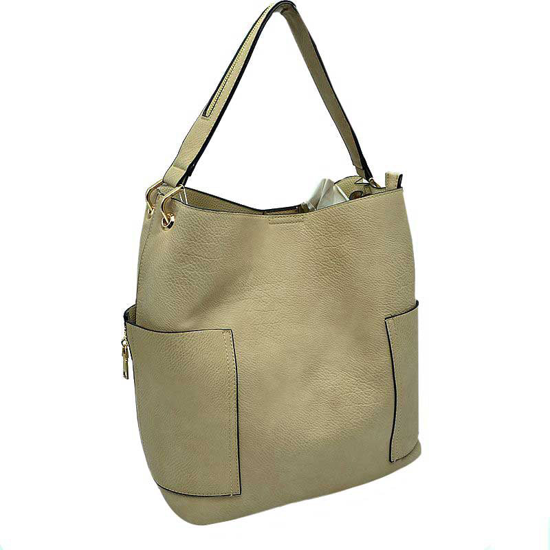 Tan 2in1 Chic Satchel Side Pocket With Long Strap Bucket Bag, This casual crossbody bucket bag is super soft Vegan leather and has convenient side pockets to carry water bottles, phones, or glasses and a removable zipper pouch. Gold hardware. Extra bag inside and strap to make it a crossbody. Perfect for carrying around your stuff, this bag is big enough for all your daily essentials.