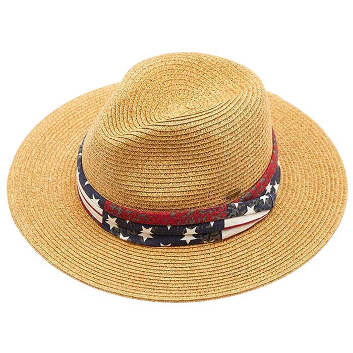 C.C Fedora With American Flag Printed Band Trim - Tan - Sun Hats