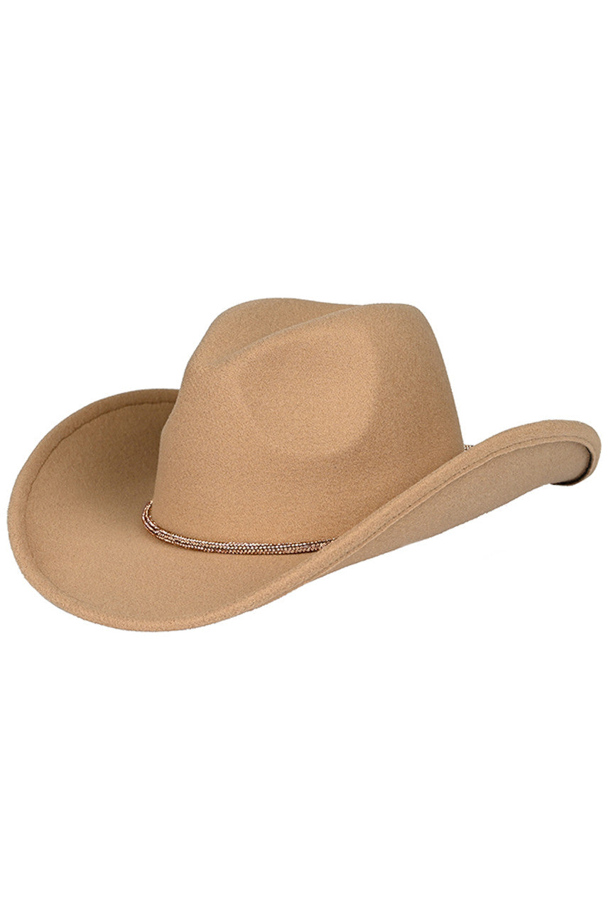 Taupe C.C Cowboy Vegan Felt Hat is made with high-quality materials and features a fashionable Rhinestone String Trim Band. Stay stylish and cruelty-free with this must-have accessory.