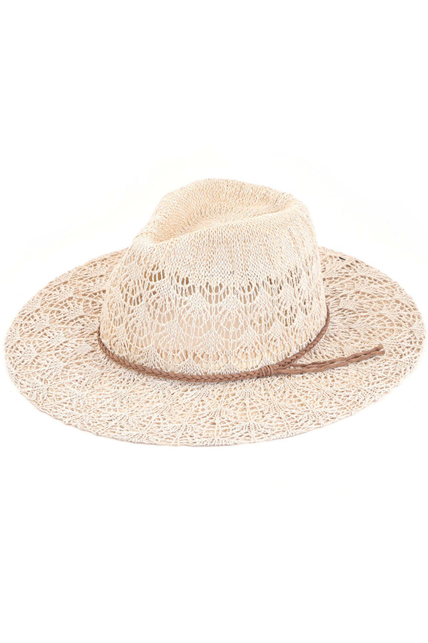 Taupe C.C. Horseshoe Lace Knitting Panama Hat is a must-have accessory for any fashion-forward individual. Its beautiful lace knit design adds a touch of elegance to any outfit, while the high-quality materials ensure durability and comfort. Stay stylish and protected from the sun with this iconic hat.