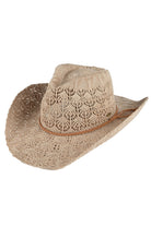 Taupe C.C. Horseshoe Lace Knitting Cowboy Hat is expertly crafted with intricate lace details and a classic western design. Made with high-quality materials, it offers both style and functionality, perfect for any outdoor adventure. Keep the sun out of your eyes while adding a touch of elegance to your outfit.