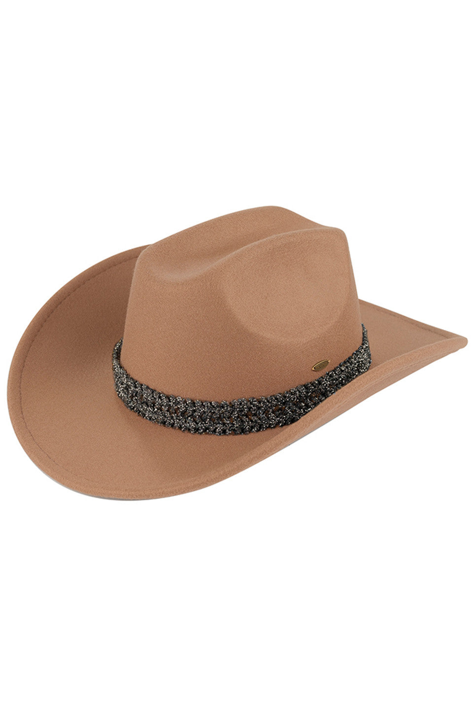 Taupe C.C Stone Glitter Band Vegan Cowboy Hat is perfect for adding some sparkle to your western look. Made with vegan materials, it is both stylish and cruelty-free. The glitter band adds a touch of glam to the traditional cowboy hat design. Make a statement with this 100% vegan accessory.