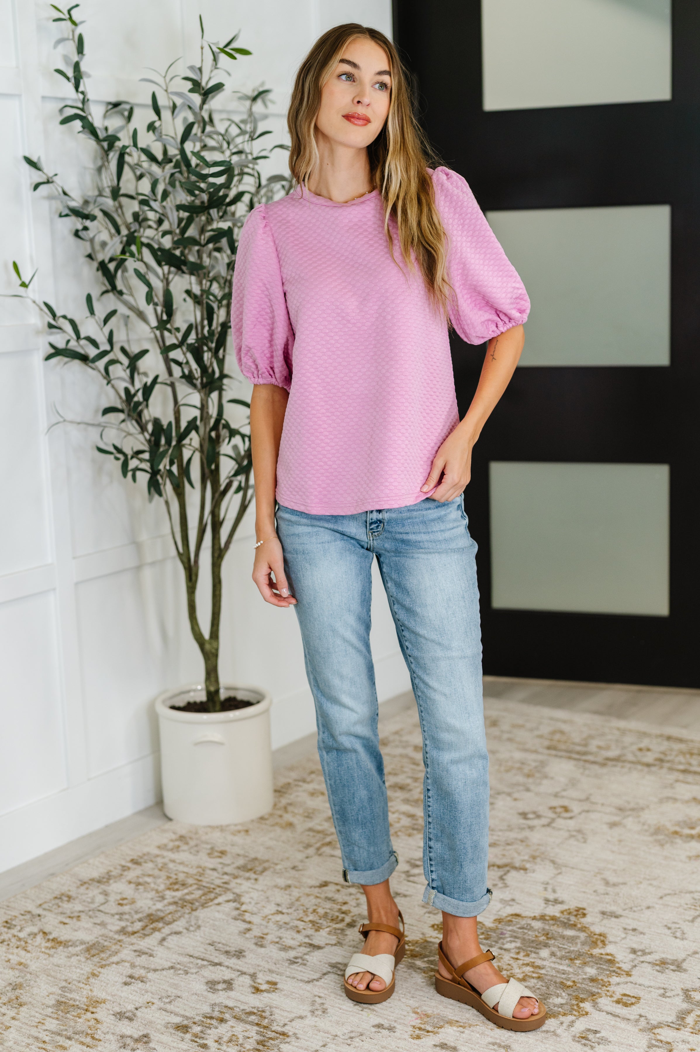 Textured Balloon Sleeve Blouse in Pink - Charming Charlie