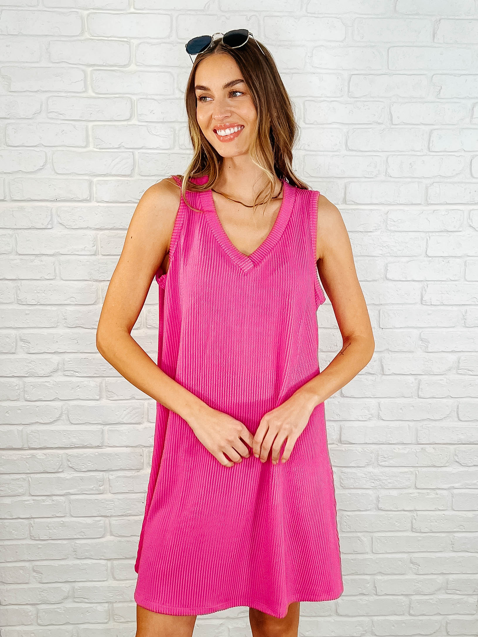 The Power I Hold V-Neck Ribbed Knit Dress in Fuchsia - Charming Charlie