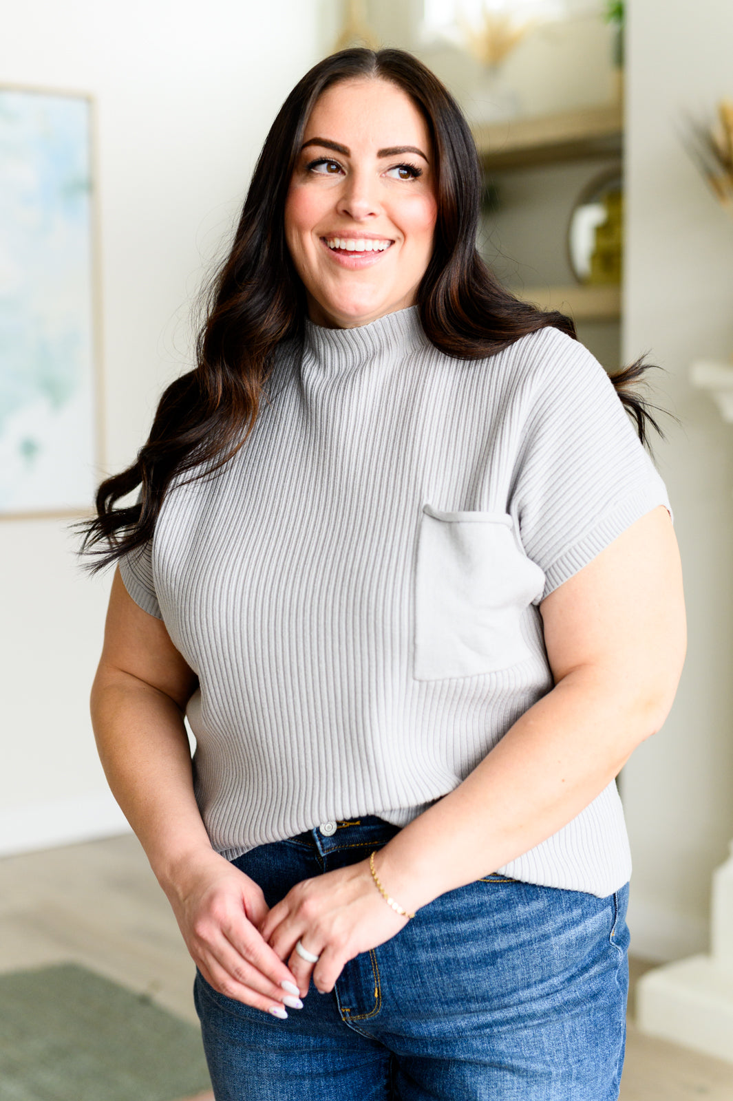 This Little Life Mock Neck Short Sleeve Sweater in Grey - Charming Charlie