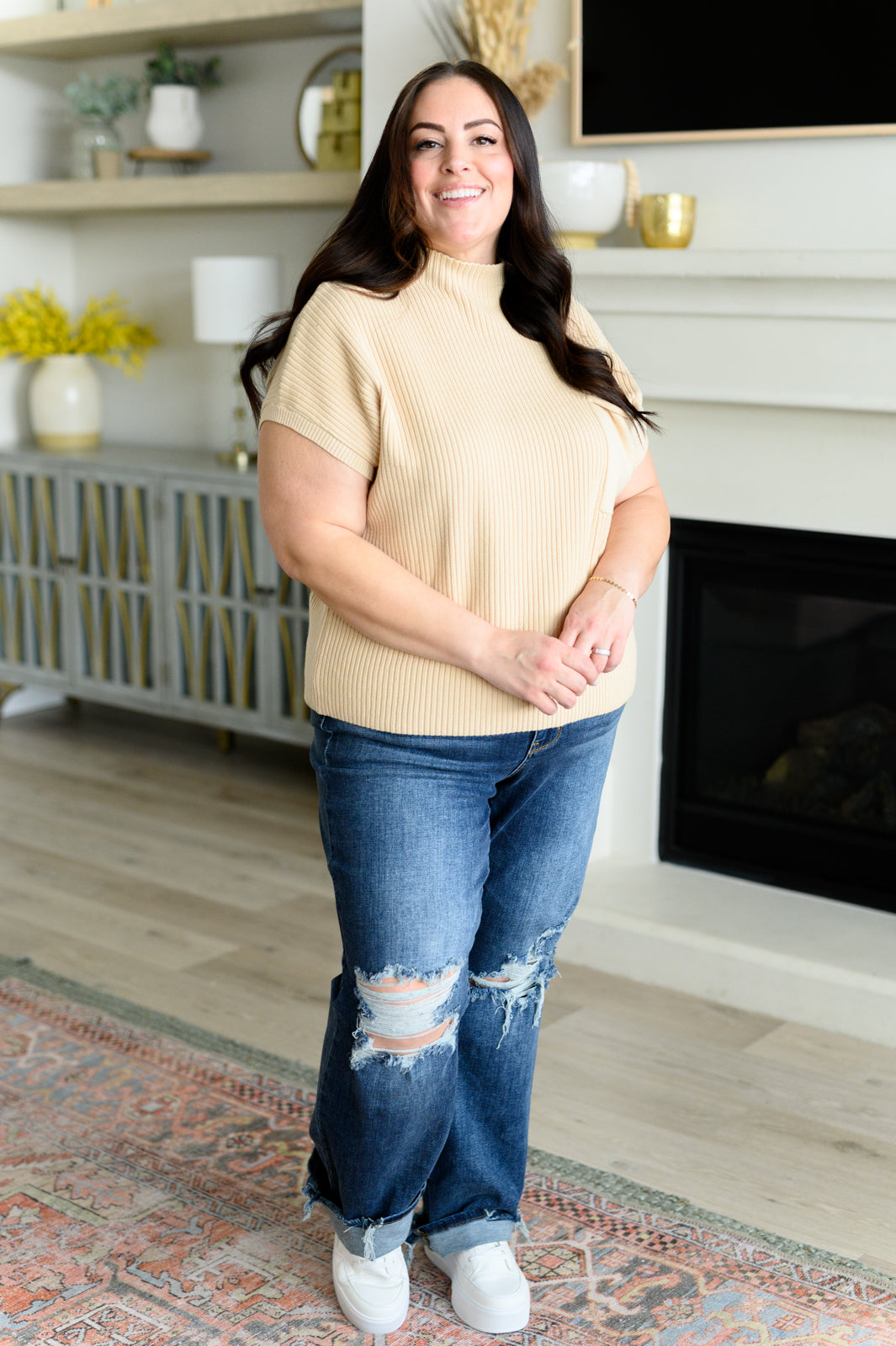 This Little Life Mock Neck Short Sleeve Sweater in Oatmeal - Charming Charlie