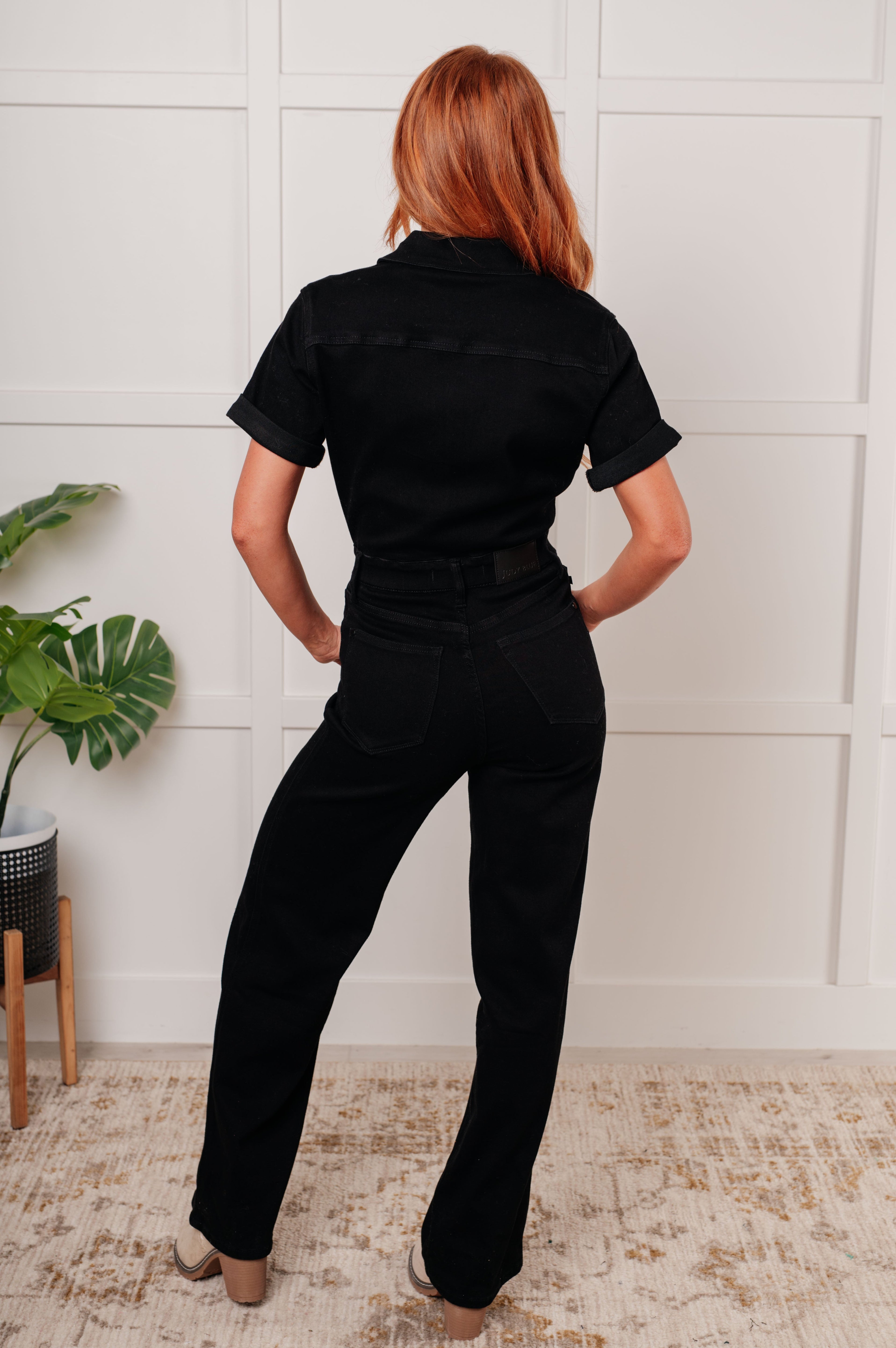 Tilda Short Sleeve Control Top Denim Jumpsuit - Charming Charlie