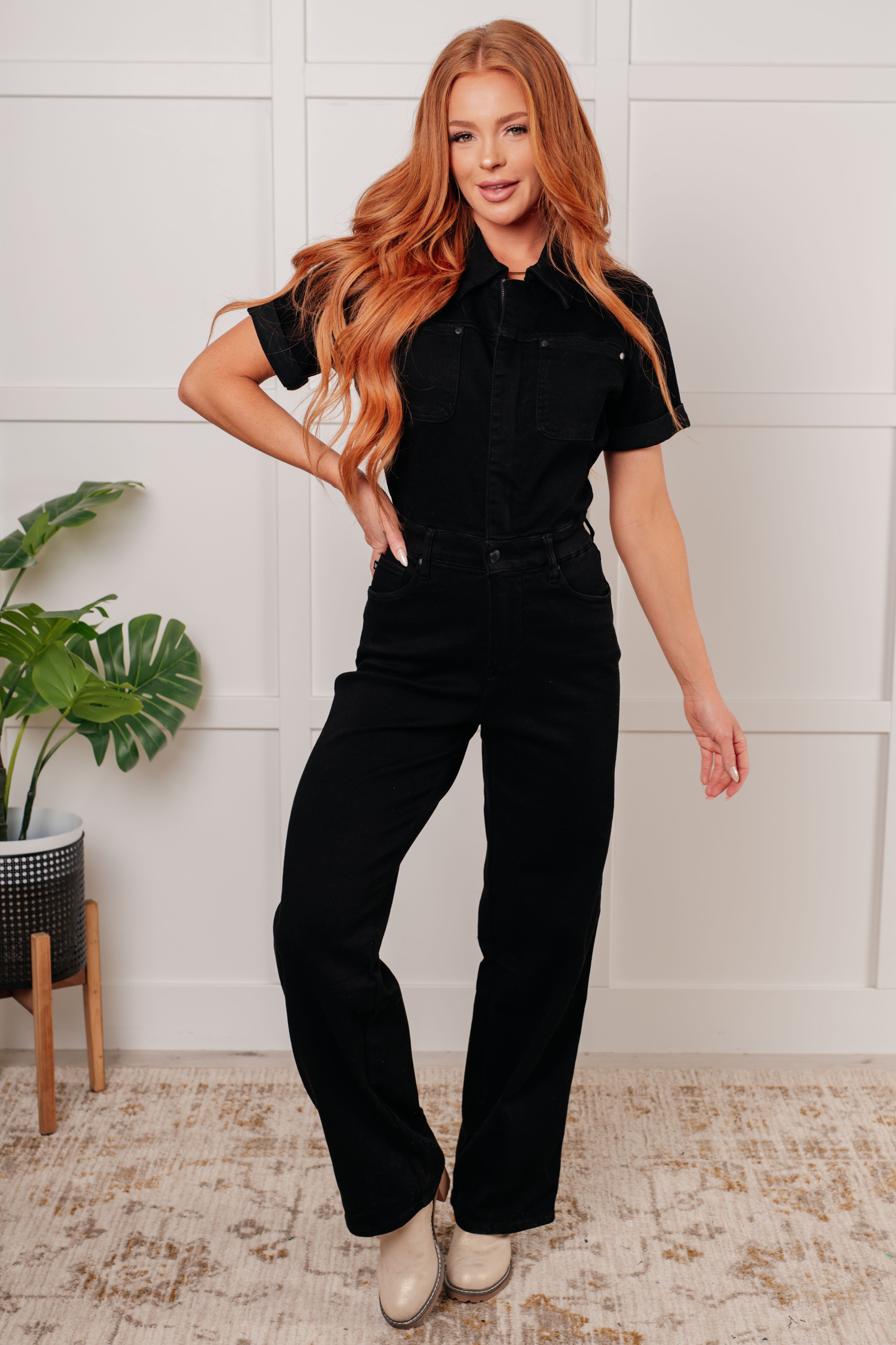 Tilda Short Sleeve Control Top Denim Jumpsuit – Charming Charlie