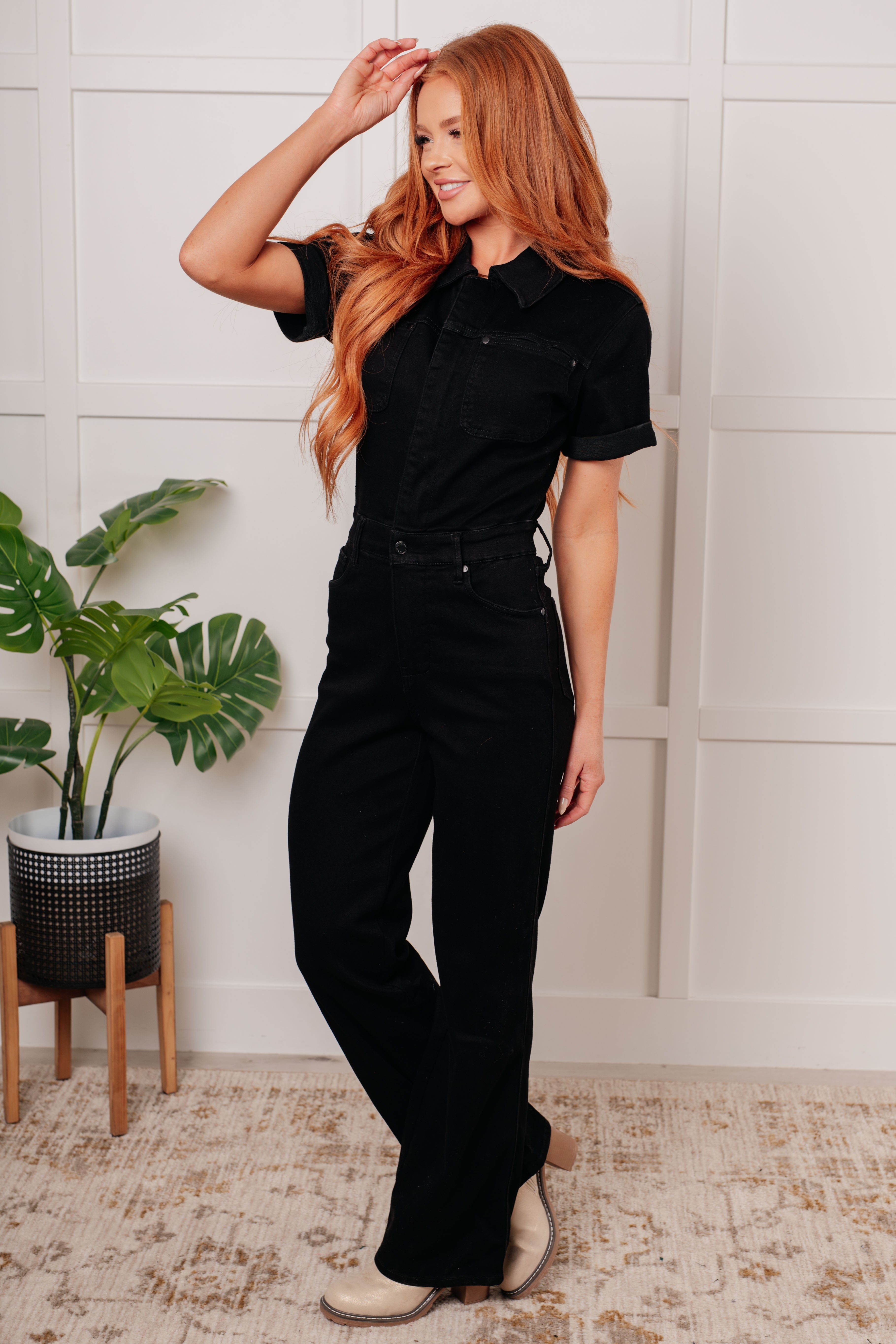 Tilda Short Sleeve Control Top Denim Jumpsuit - Charming Charlie
