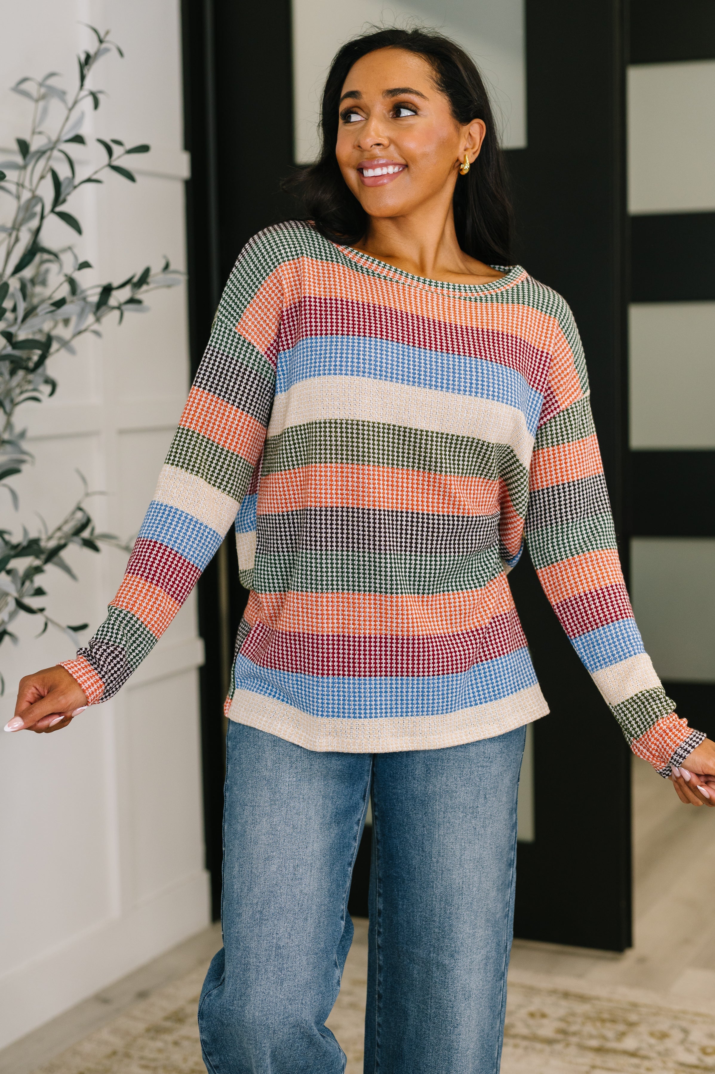 To Be Determined Drop Shoulder Top in Rust, Olive and Blue - Charming Charlie