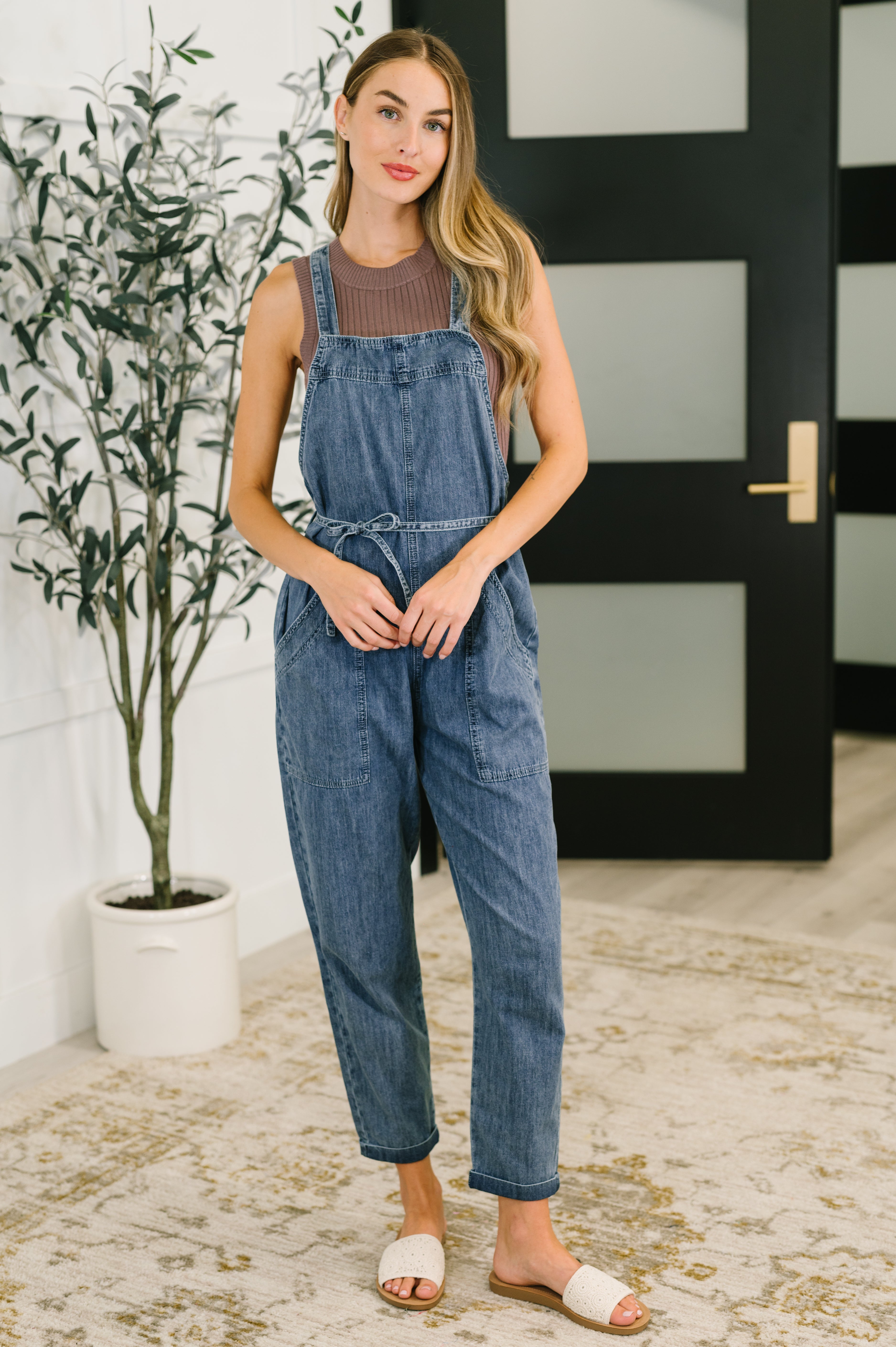 Too Cute to Compute Waist Tie Overalls in Dark Blue - Charming Charlie