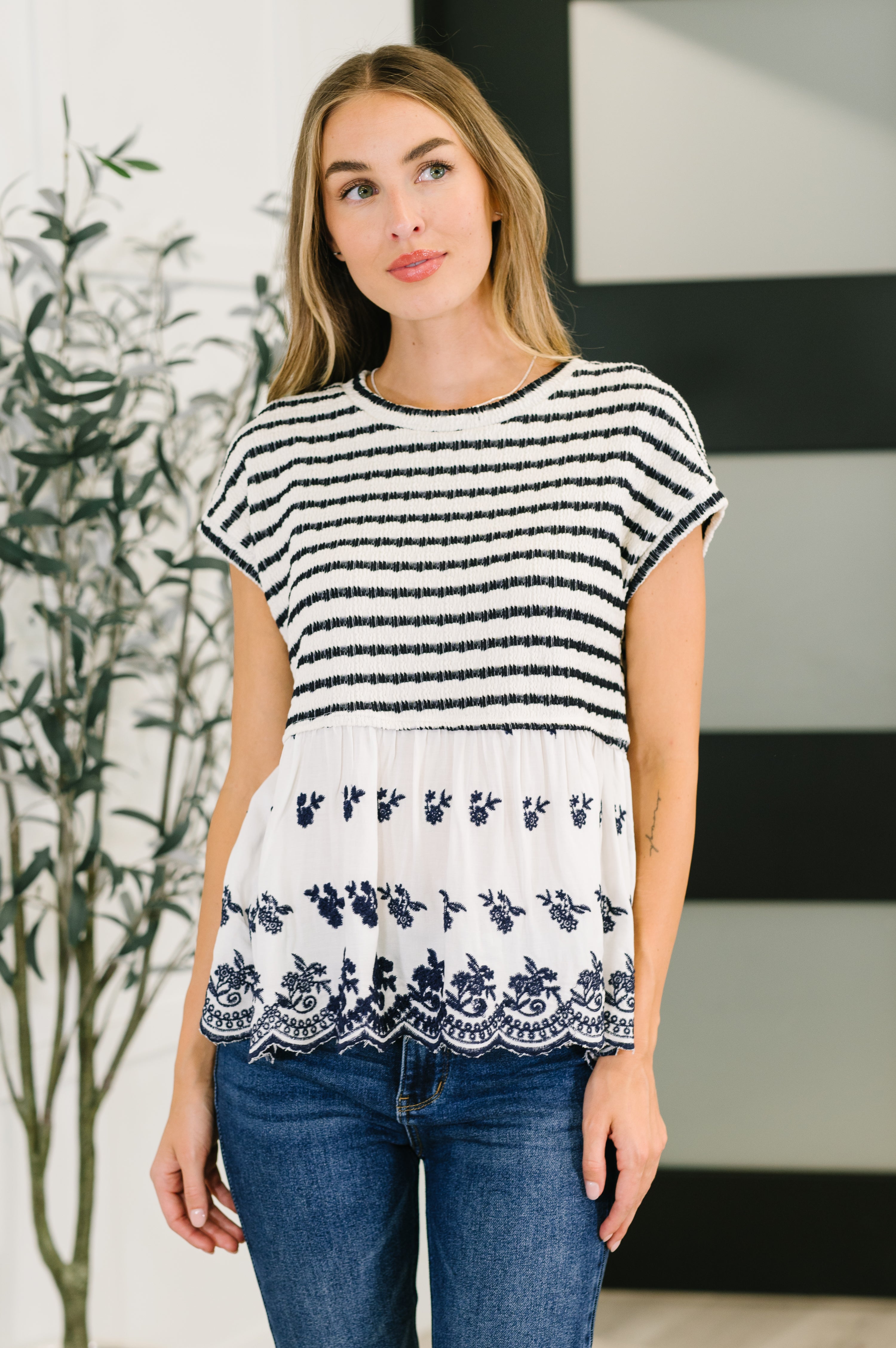 Too Sweet to Share Scalloped Hem Blouse in Ivory and Navy - Charming Charlie