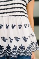 Too Sweet to Share Scalloped Hem Blouse in Ivory and Navy - Charming Charlie