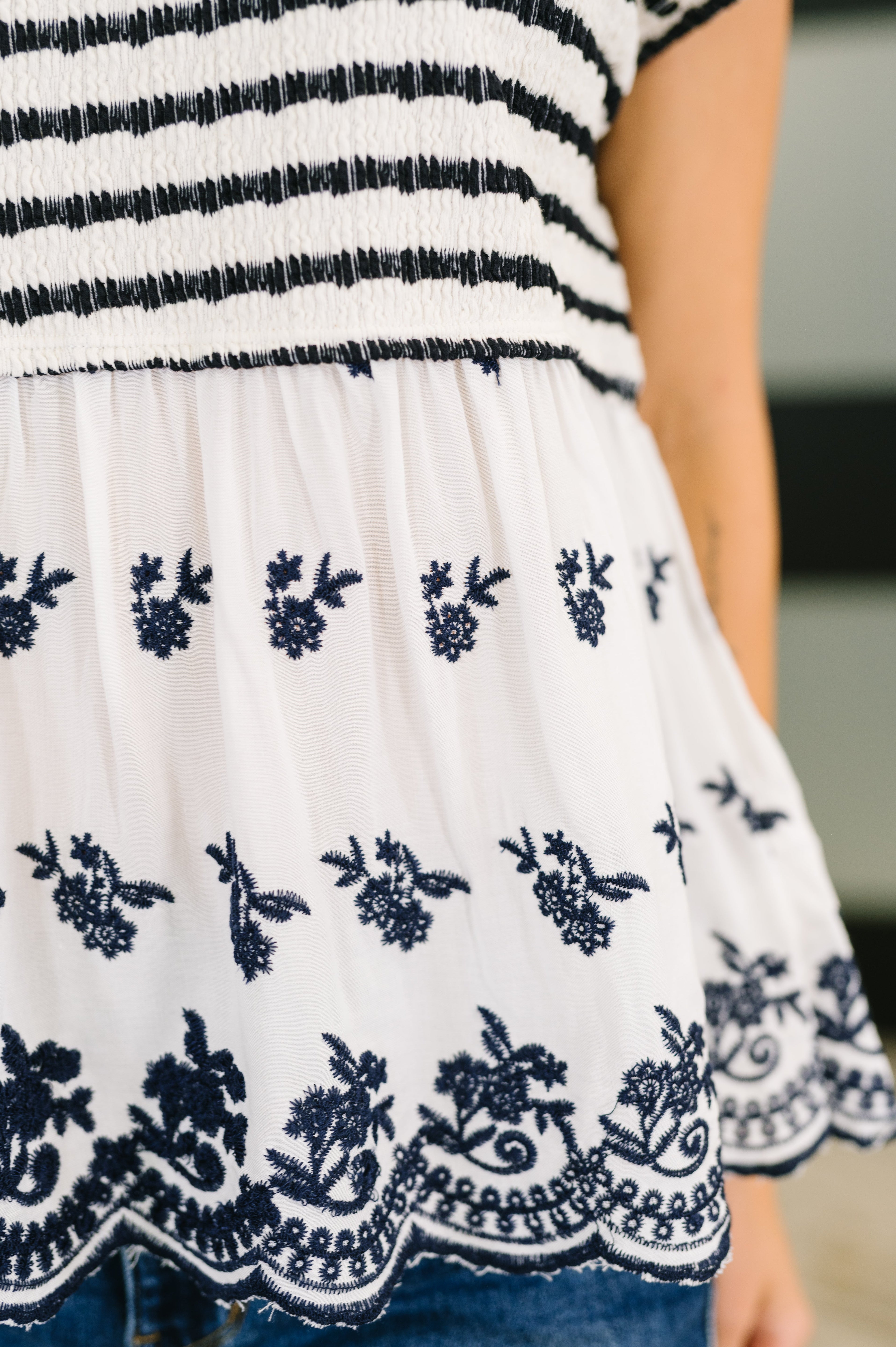 Too Sweet to Share Scalloped Hem Blouse in Ivory and Navy - Charming Charlie