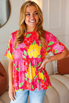 Time For Sun Fuchsia Floral Drop Shoulder Babydoll Top - Charming Charlie