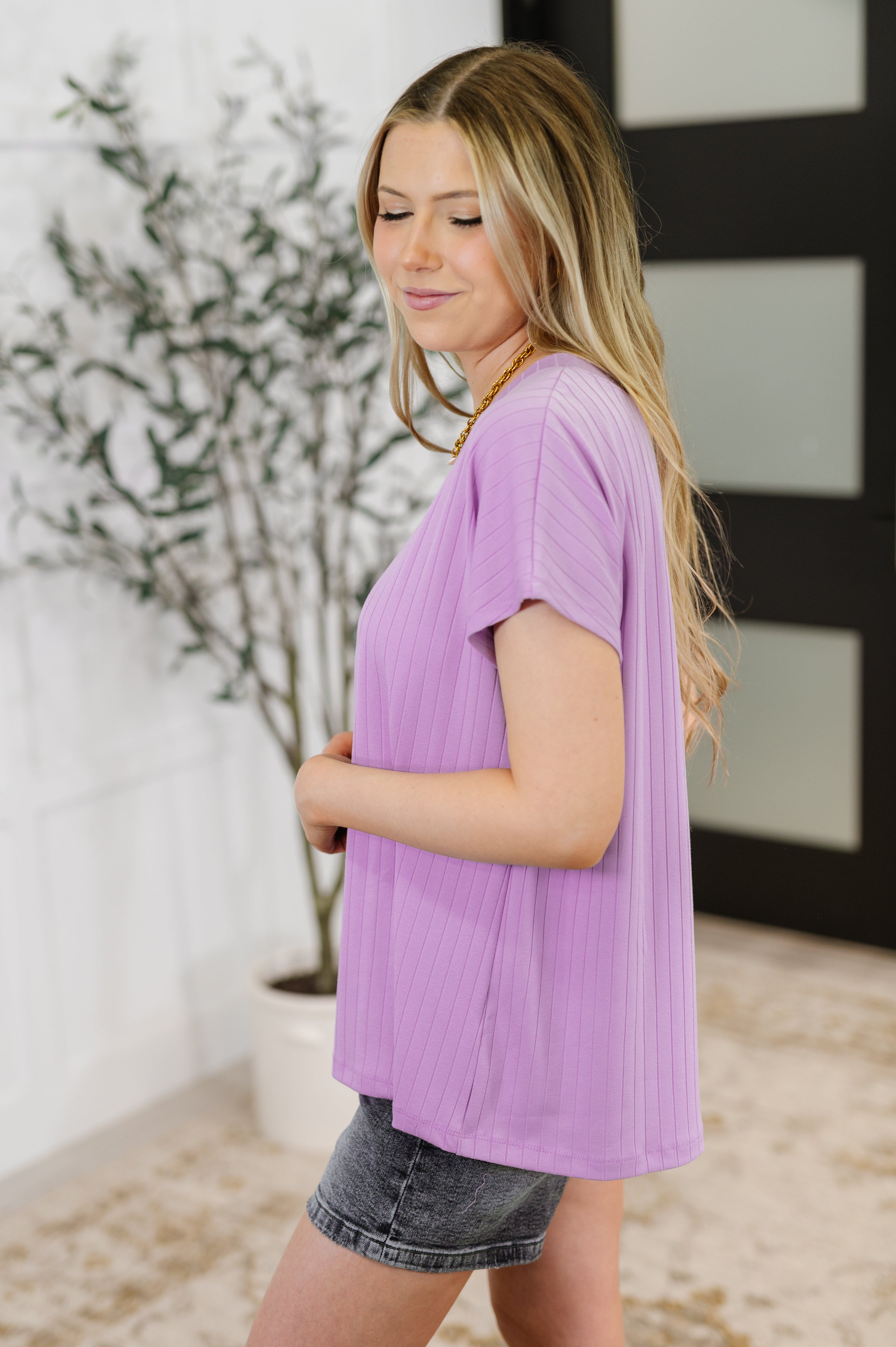 Top Shelf Basic V-Neck Ribbed Tee in Lavender - Charming Charlie