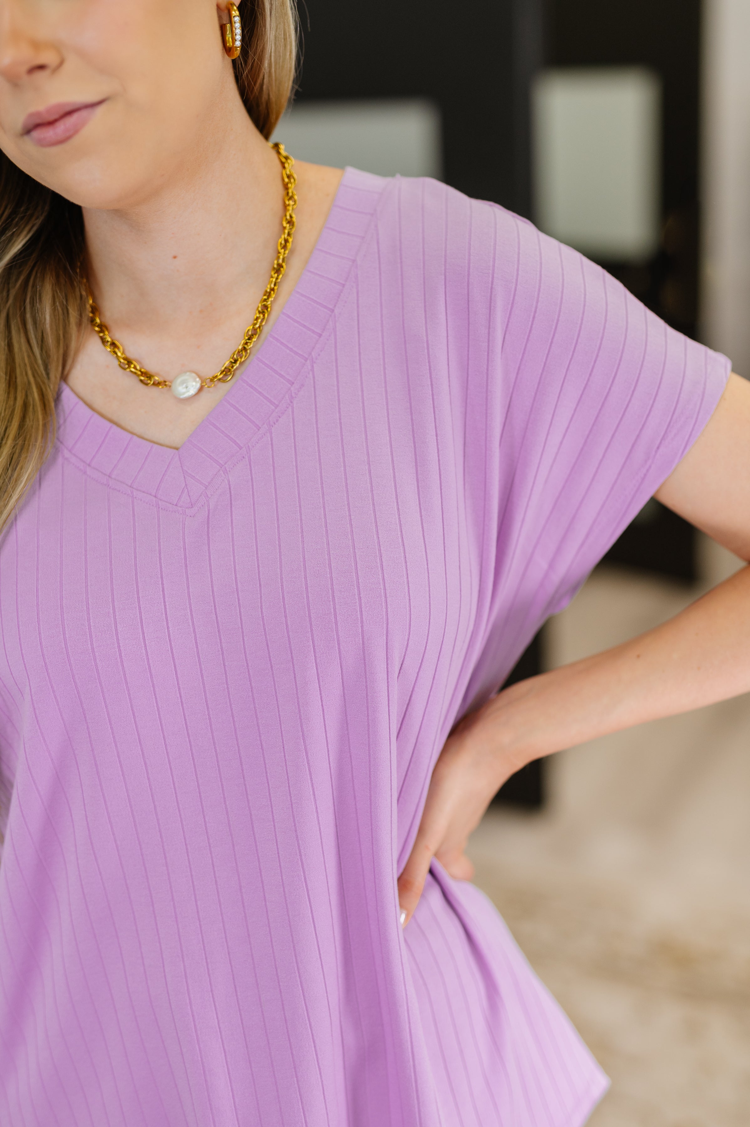 Top Shelf Basic V-Neck Ribbed Tee in Lavender - Charming Charlie