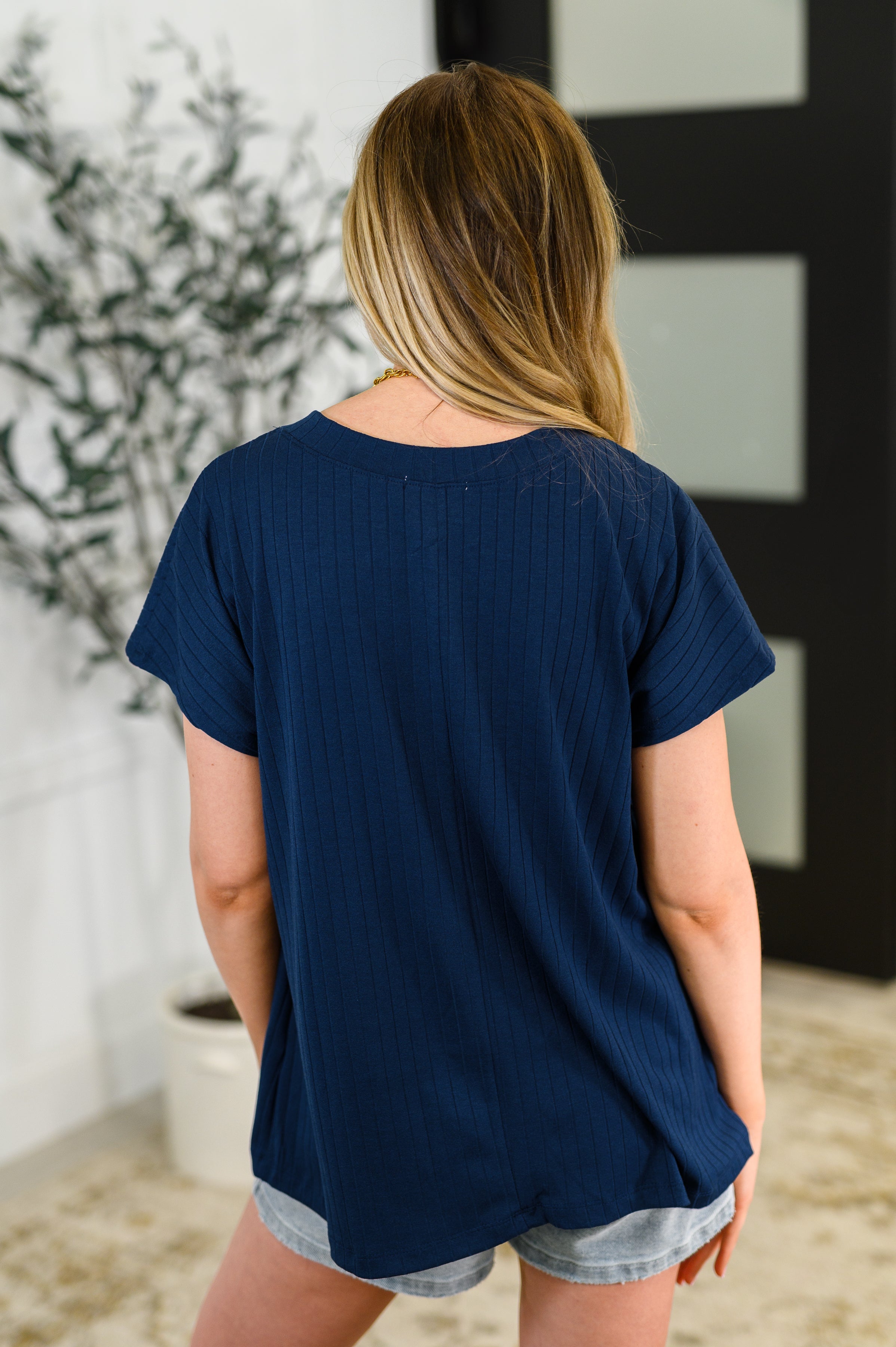 Top Shelf Basic V-Neck Ribbed Tee in Navy - Charming Charlie