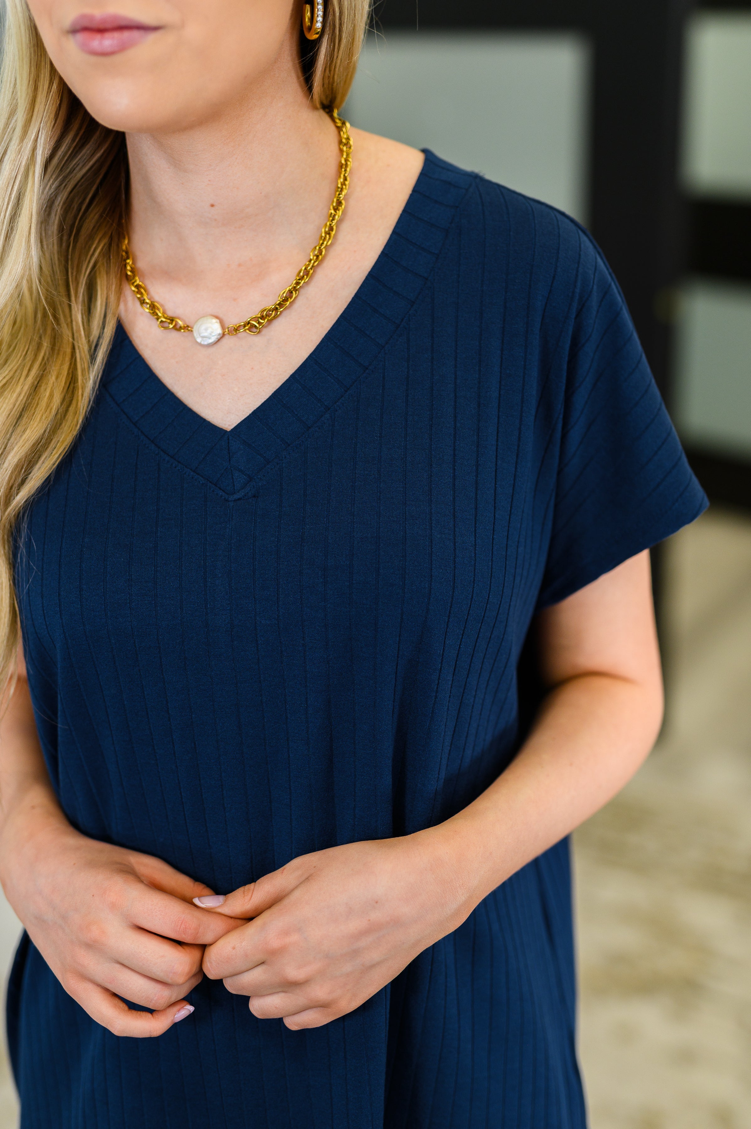 Top Shelf Basic V-Neck Ribbed Tee in Navy - Charming Charlie