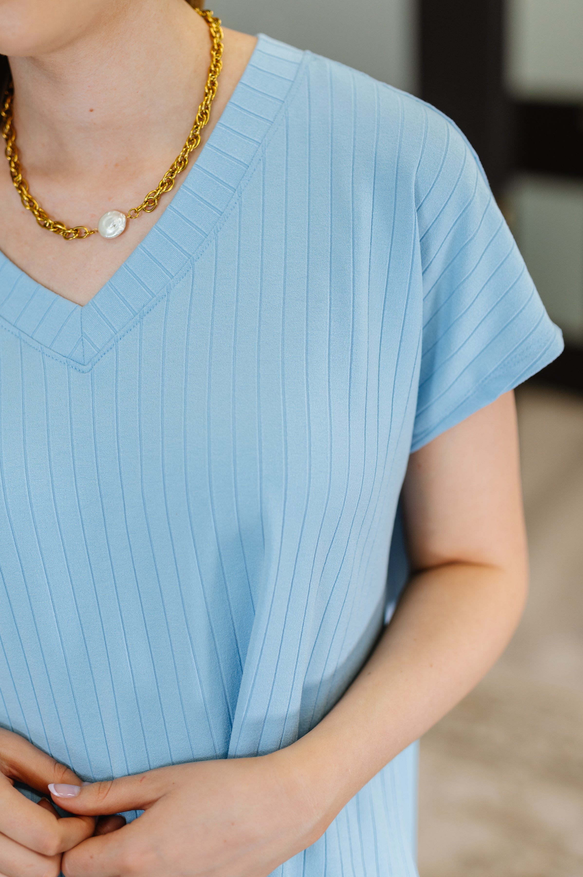 Top Shelf Basic V-Neck Ribbed Tee in Sky Blue - Charming Charlie