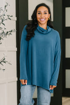 Travel Destination Cowl Neck Pullover in Dark Teal - Charming Charlie