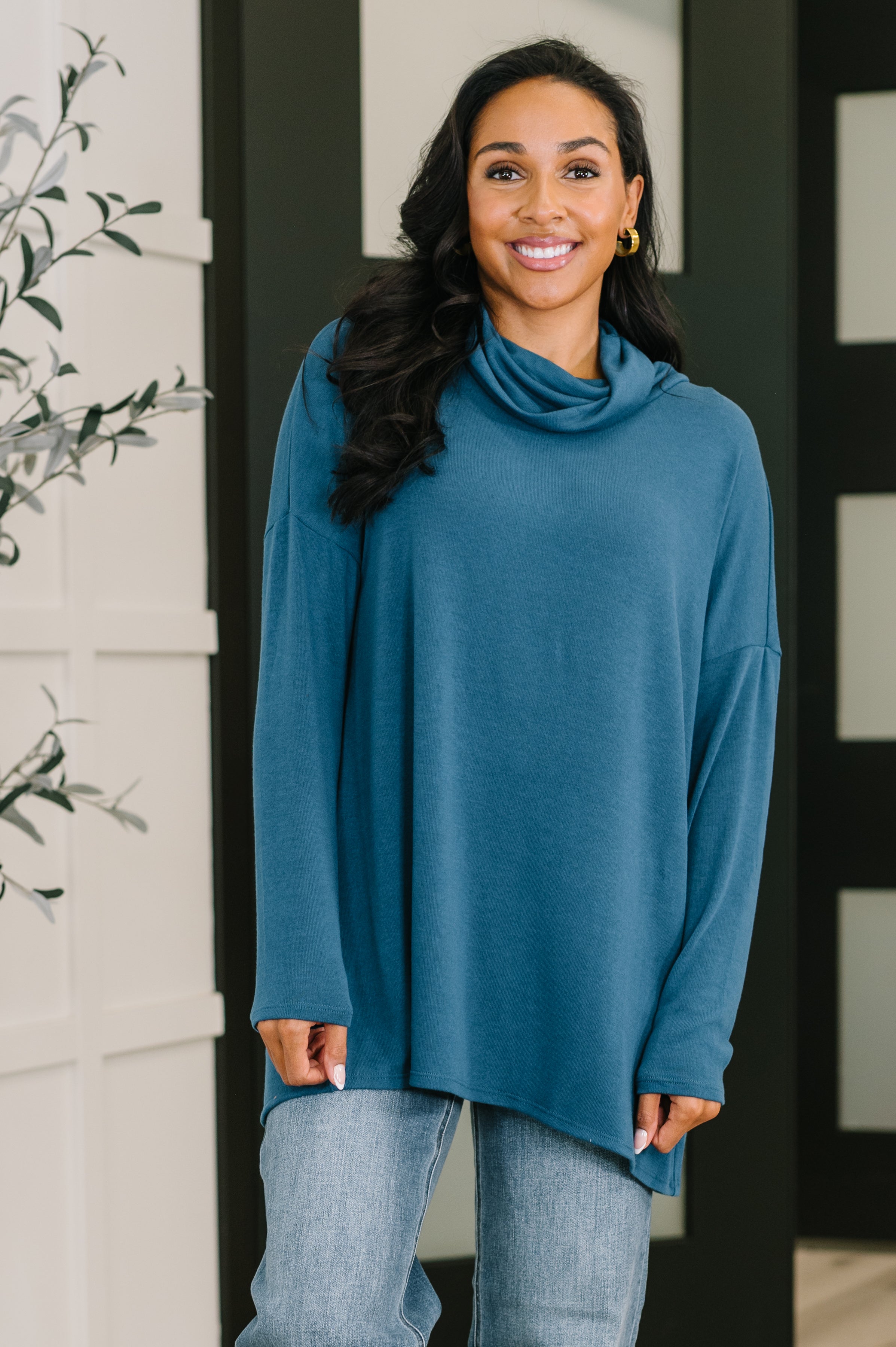 Travel Destination Cowl Neck Pullover in Dark Teal - Charming Charlie