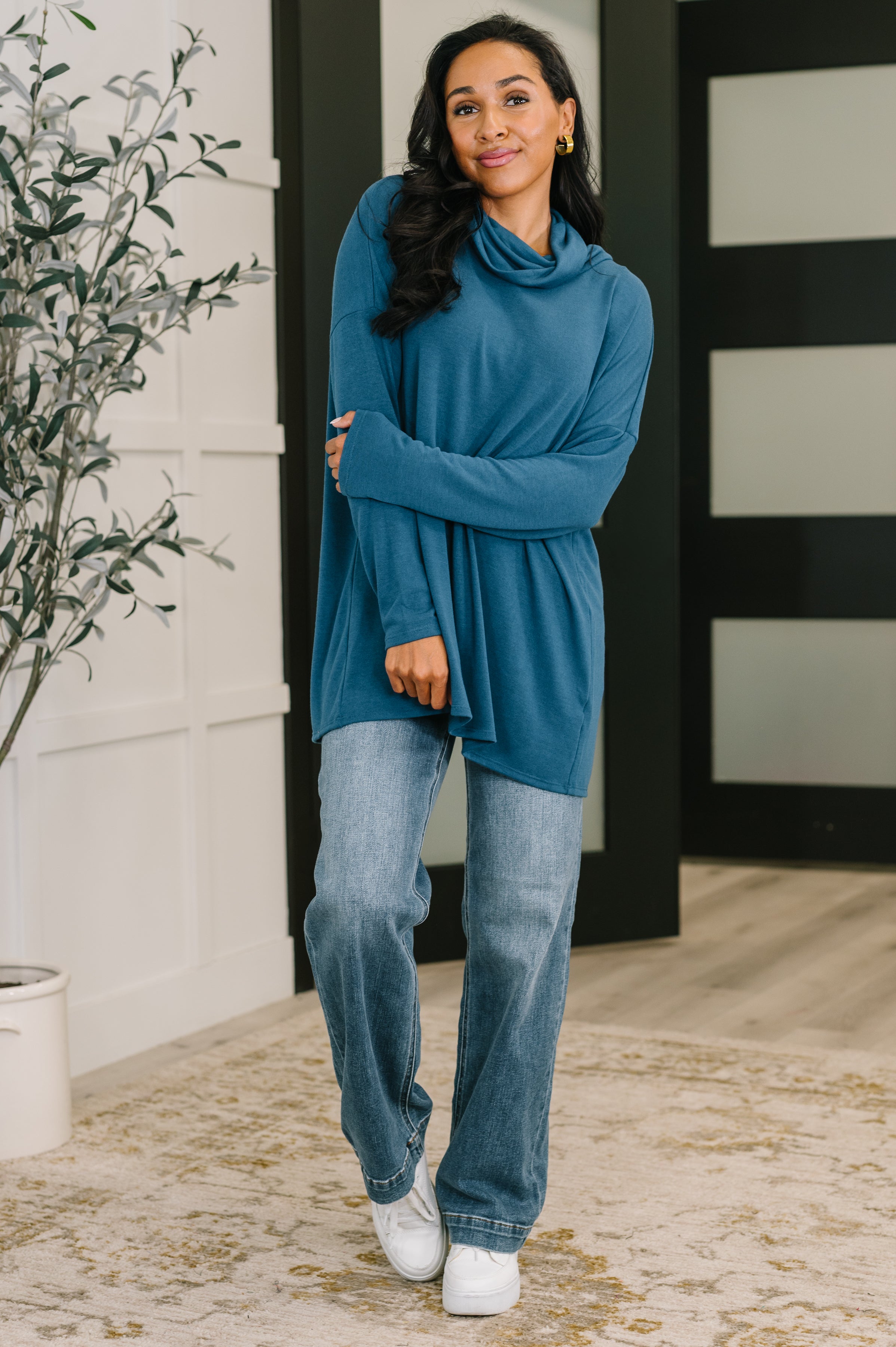 Travel Destination Cowl Neck Pullover in Dark Teal - Charming Charlie