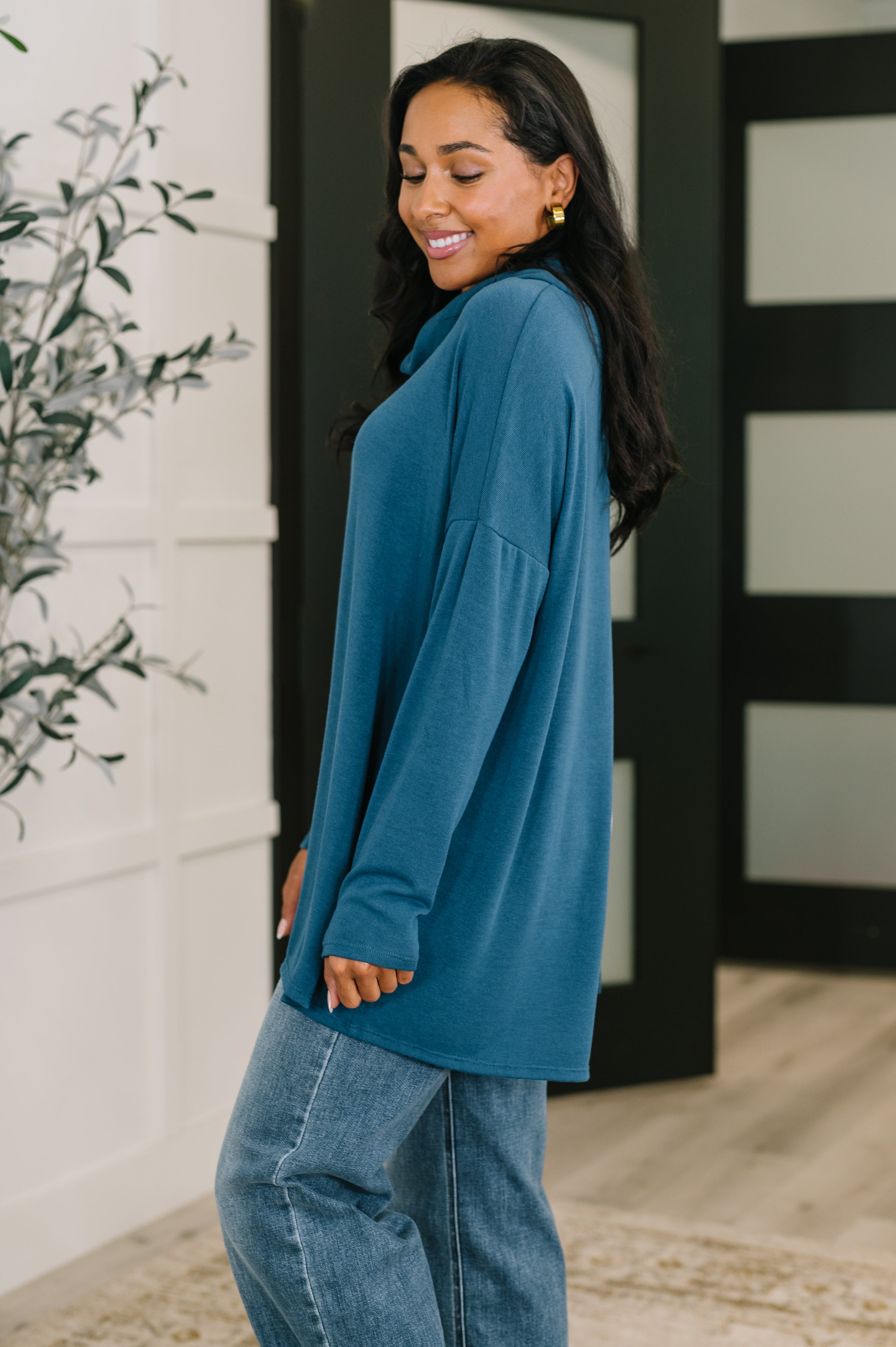 Travel Destination Cowl Neck Pullover in Dark Teal - Charming Charlie