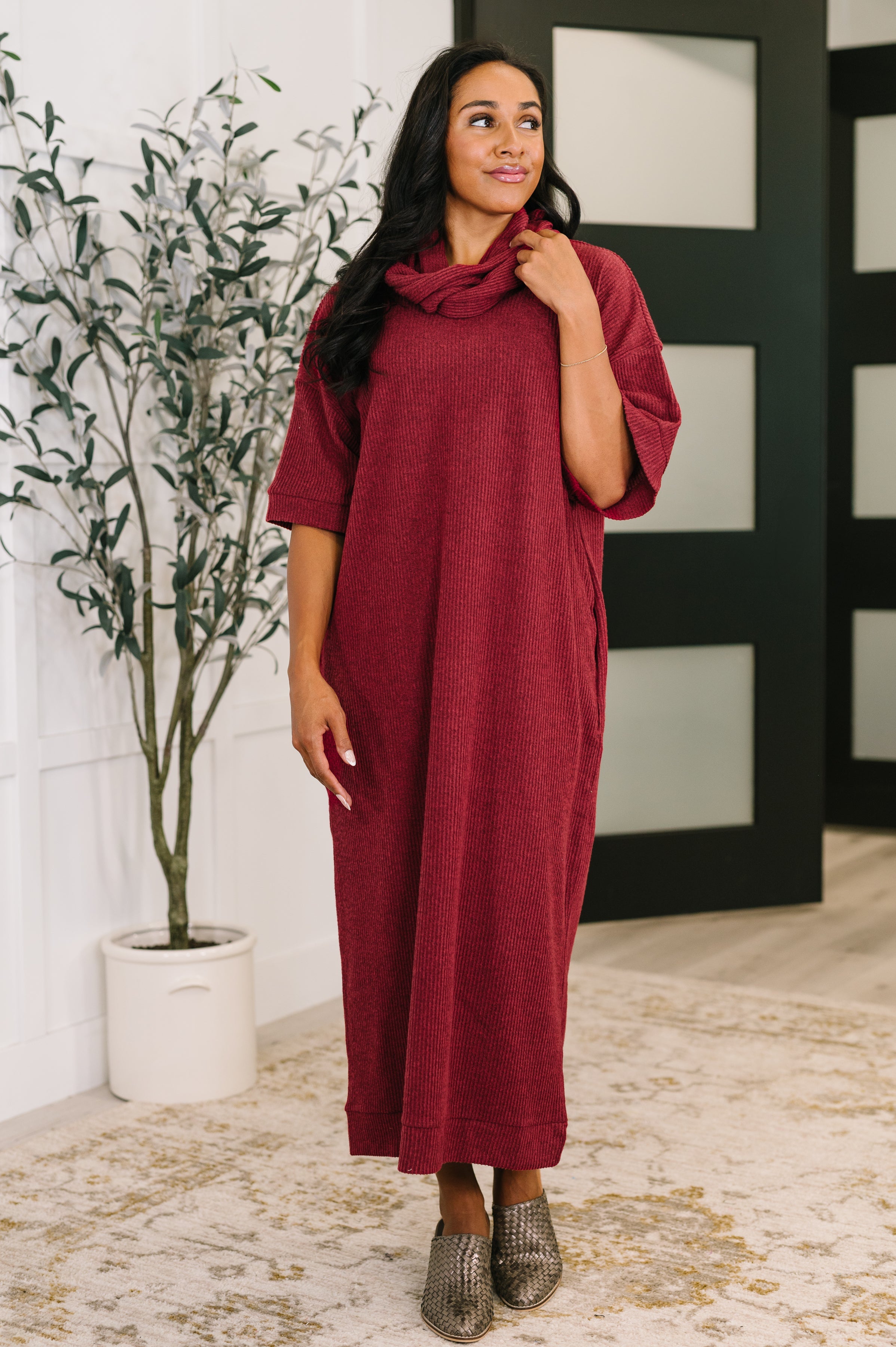 Travel Envy Ribbed Knit Dress in Wine - Charming Charlie