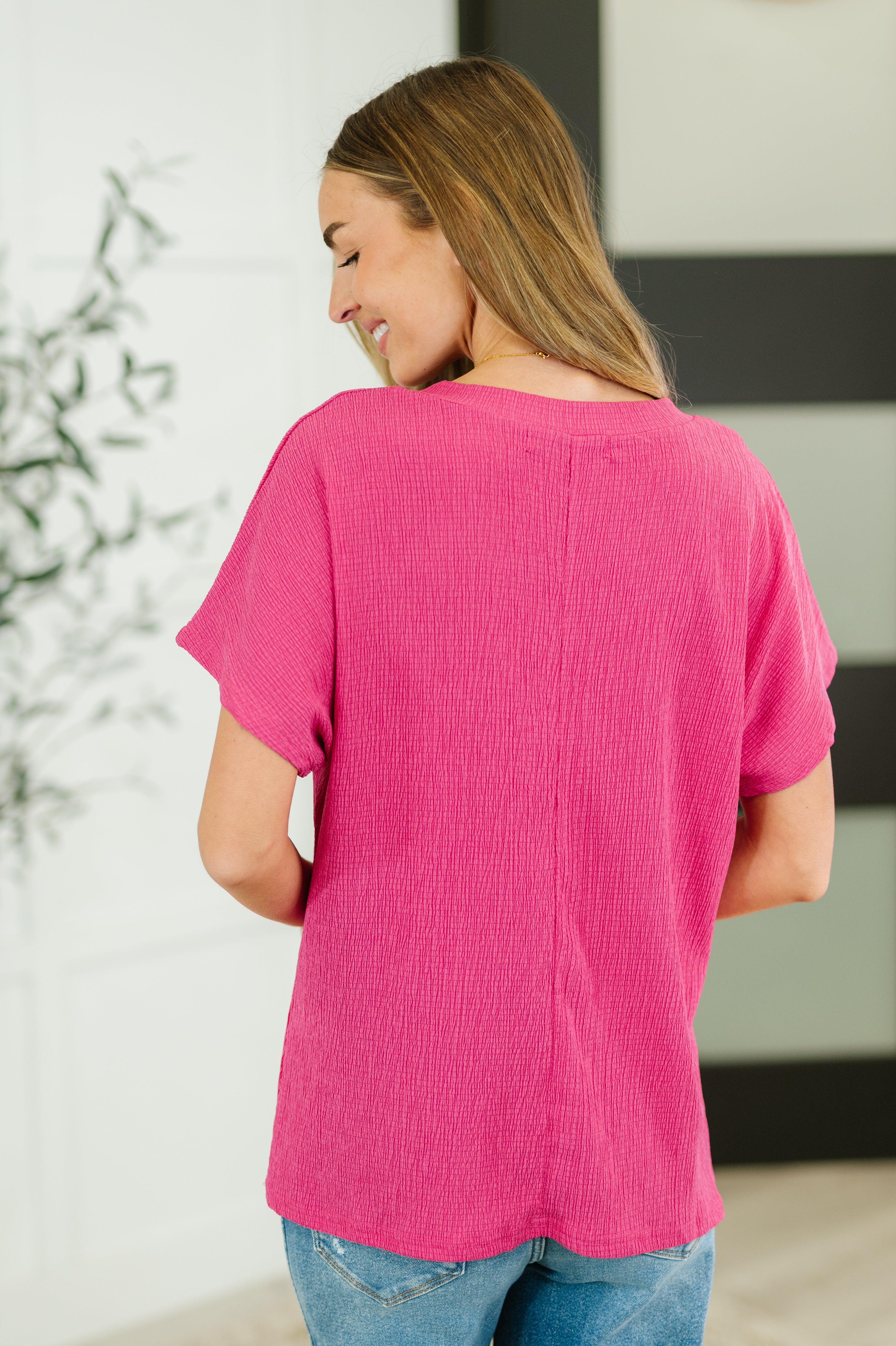 Trial and Error Textured V-Neck Blouse in Magenta - Charming Charlie