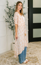 Tropical Print Gauze Kimono with Elastic Waist Tie in Milk Tea - Charming Charlie