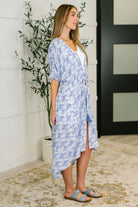Tropical Print Gauze Kimono with Elastic Waist Tie in Periwinkle - Charming Charlie