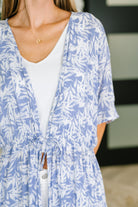 Tropical Print Gauze Kimono with Elastic Waist Tie in Periwinkle - Charming Charlie